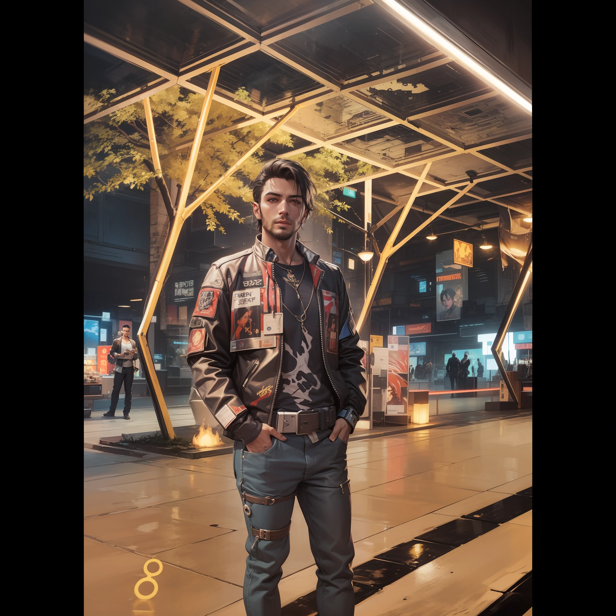"Cyberpunk ambiance, hyper-realistic depiction of a futuristic cityscape, stunning 8k resolution image, lifelike facial features, Avoiding a stylized look." A dashing male character.