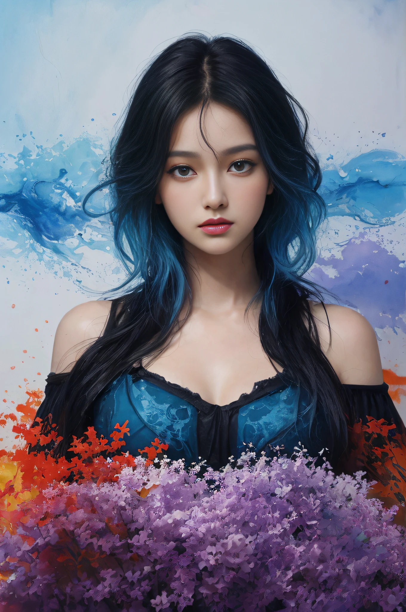 Colorful beautiful girl: a giru 8-years old, messy hair, oil painting, nice perfect face with soft skinice perfect face, blue yellow colors, light purple and violet additions, light red additions, intricate detail, splash screen, 8k resolution, masterpiece, cute face,artstation digital painting smooth veryBlack ink flow: 8k resolution photorealistic masterpiece: intricately detailed fluid gouache painting: by Jean Baptiste Mongue: calligraphy: acrylic: watercolor art, professional photography, natural lighting, volumetric lighting maximalist photoillustration: by marton bobzert:, complex, elegant, expansive, fantastical,  wavy hair, vibrant