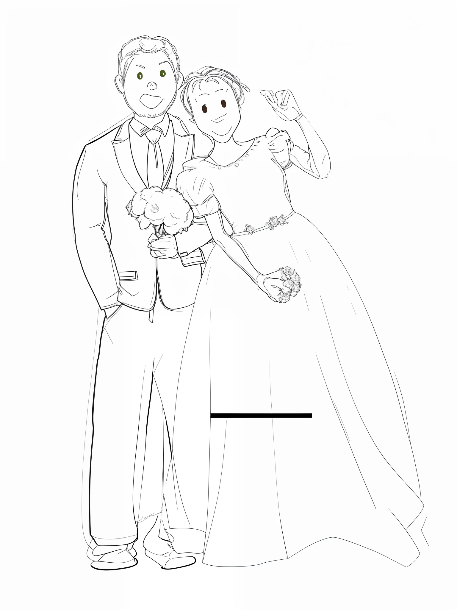Painting of bride and groom standing together in wedding dress, Outline sketch, contour drawing, Outlined!!!, detailed but rough, colored accurately, Bride and groom, traditional drawing style, couple pose, rotoscoped, Stylized proportions, accurately drawn details, thick outline, corrected, outlines, stylized portrait formal pose, Rough sketch, drawn with photoshop