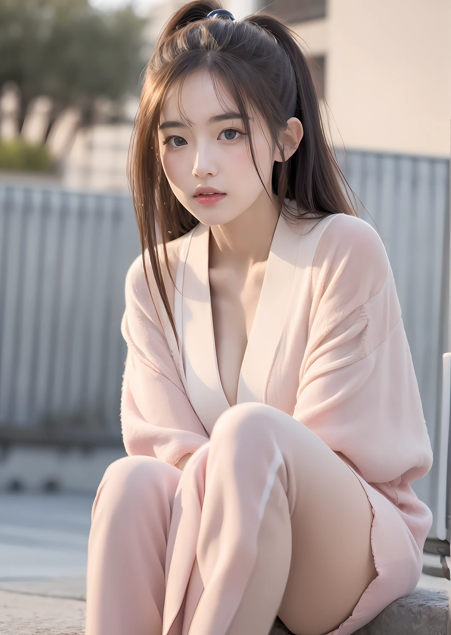 Random posture, 
(raw photo,8k,photorealistic:1.3),(masterpiece, best quality),  (from below), 35mm shot, looking at viewer, highres, 
((a girl, solo)) , (detailed beautiful face, beautiful detailed pink eyes,  detailed perfect skin), 
((flat chest)), high ponytail contorted, eyes visible through hair, (blush), wet hair,
sitting, white|black kimono, topless, (leg crossed) , arms behind back, water, hair ornament, lace trim,