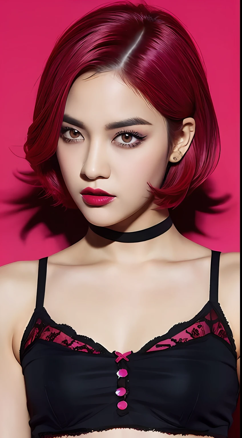 Rose red background,Short hair cool girl,Hair color black and fuchsy,Drag cool expressions,Black bandeau