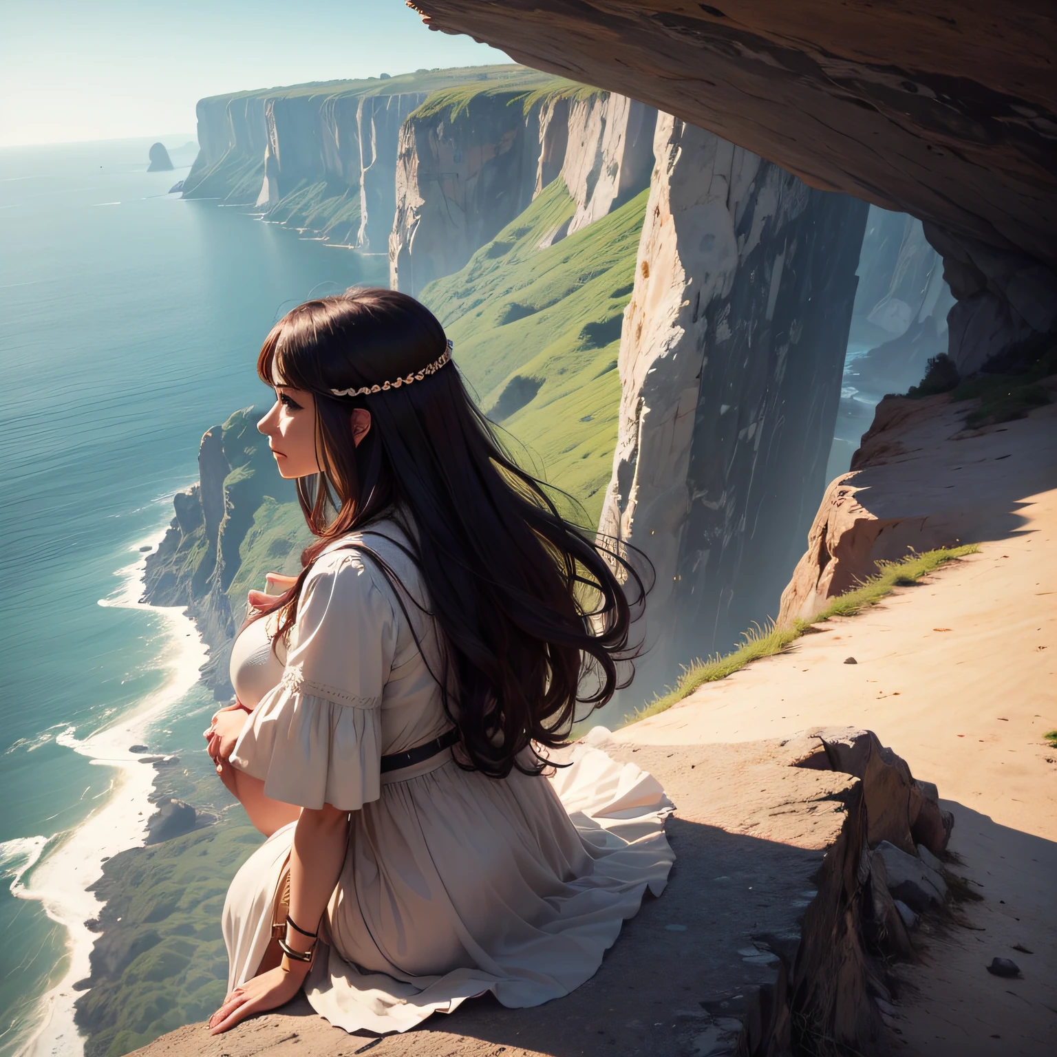 A beautiful woman looks down into the distance on the edge of a cliff --auto