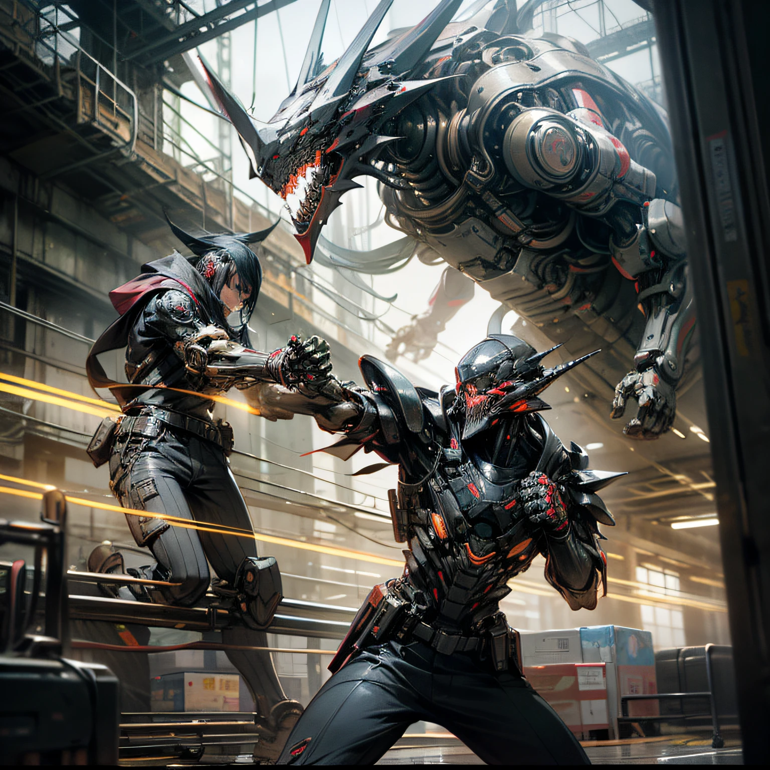 A man wears an exoskeleton arm,Side facing the lens,Make a punching motion directly in front of him,The background is a cyberpunk-style building , --auto