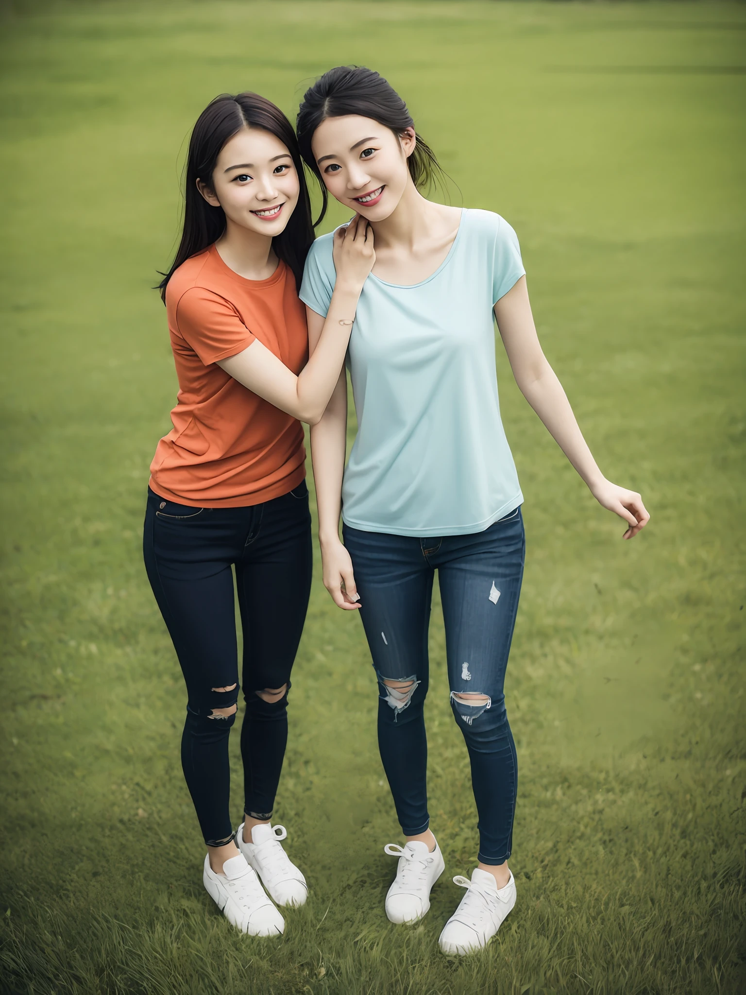 (超高分辨率,RAW photogr,realisticlying,tmasterpiece,best qualtiy:1.4),Complicated details,3个女孩,3 20 year old Korean girl,Wear a loose black T-shirt and skinny jeans,Stand on the grass and take pictures,hugs,Intimate relationships,Detailed meadow,A sweet smile on a small face,Ultra-realistic facial details,The face and skin are pink and white, and luminous,Playful and coquettish pose,The calves are straight and slender:1.2,Wear high-end brand sneakers:1.0,eventide:0.3,Broad lighting,naturalshadow:1.0,超高分辨率,taking a full body photo:1.8 --auto