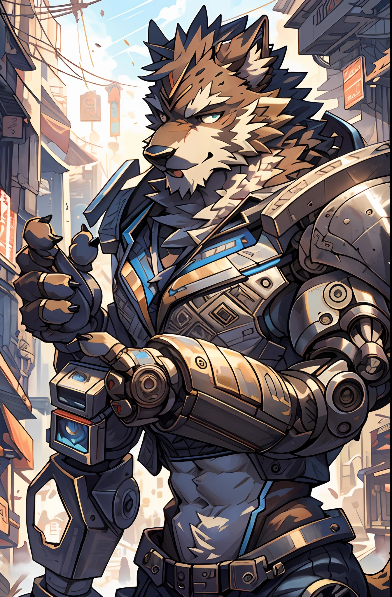 top quality, High-quality illustrations by Johannes Vermeer, masterpiece, Dark_Fantasy, Cyberpunk, steam punk(super handsome boy, single, kemono)Mechanical marvel, Robotic presence, Cybernetic guardian, wearing a worn-out mech suit, intricate(steel metal, rusty)(furry anthro:1.7)(Furry body, dog facial features, dog body features)elegant, clear focus, shot by greg rutkowski, soft lighting, vibrant colors, masterpiece((street))cowboy shot, dynamic pose,