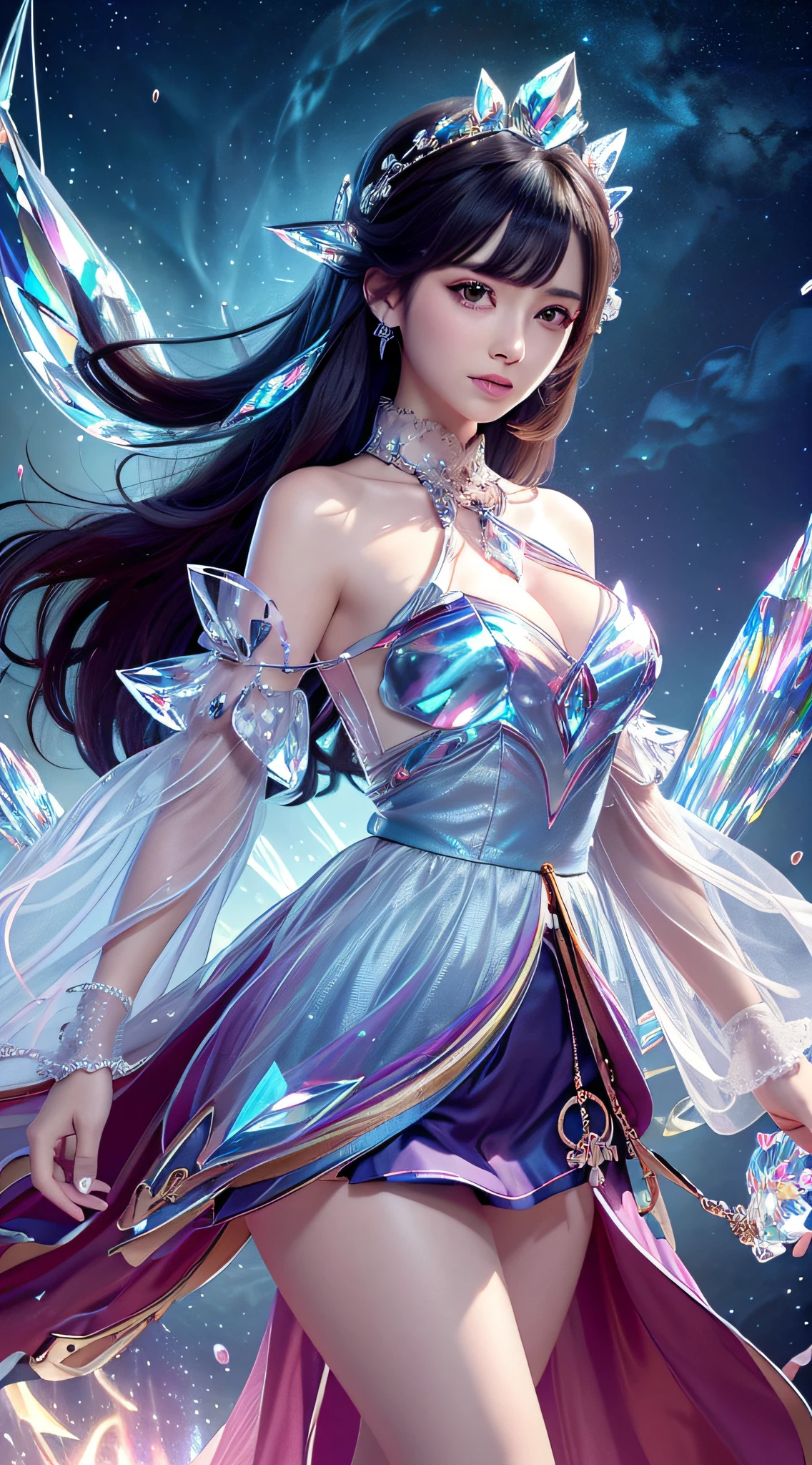 (tmasterpiece,top-quality,optimum,offcial art,Beautiful and aesthetic,Long exposure:1.2),Smooth movement,Charming Patterns, 1 rapariga,(Long skirt with sleeves:1.3),(((Colorful clothes))),upperbody closeup,cropped shoulders,ChineseGirl,Blushlush,Black lob hair, sportrait,独奏,The upper part of the body,Gaze the observer,detailedbackground,Detailed face,(crystallineAI, crystalline theme:1.1),Control the flame,Clothes with colorful gemstones,dynamicposes,particles floating,Ethereal power,vaporous,background starry sky,Multi-color tones,Ethereal atmosphere,