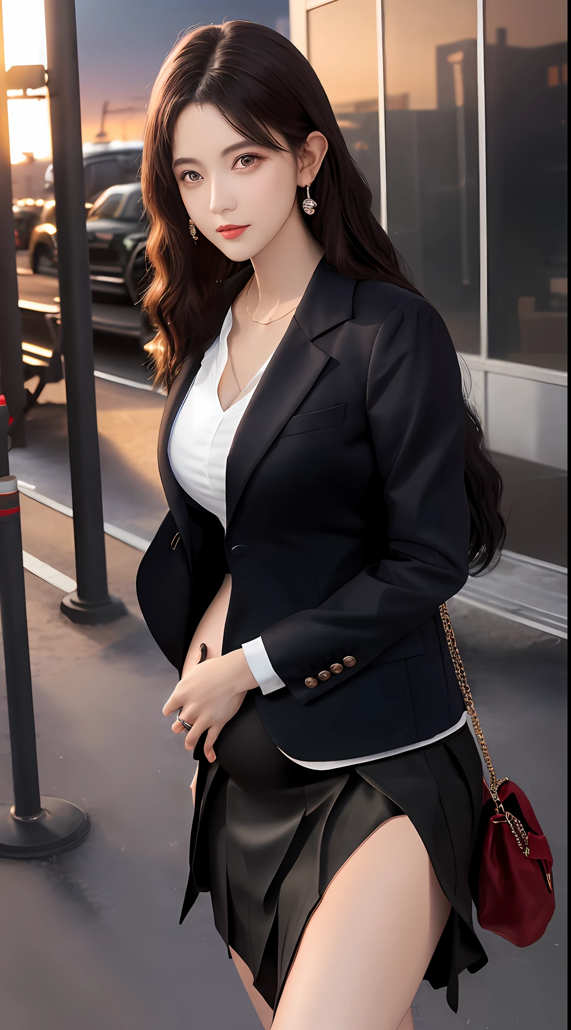 best qualtiy， tmasterpiece， 1girll， beauitful face， （photograph realistic：1.3）， edge lit， （highdetailskin：1.2）， 8K  UHD， digital SLR camera， high high quality， A high resolution， 4k， 8k， bokeh， absurderes， Optimal proportions of four fingers and one thumb， （realisticlying：1.3）， Cute 1girl， Wearing a black formal blazer， Huge breasts， short  skirt，Correct fingers，Correct thighs，no extra finger，No extra legs，Ten months pregnant