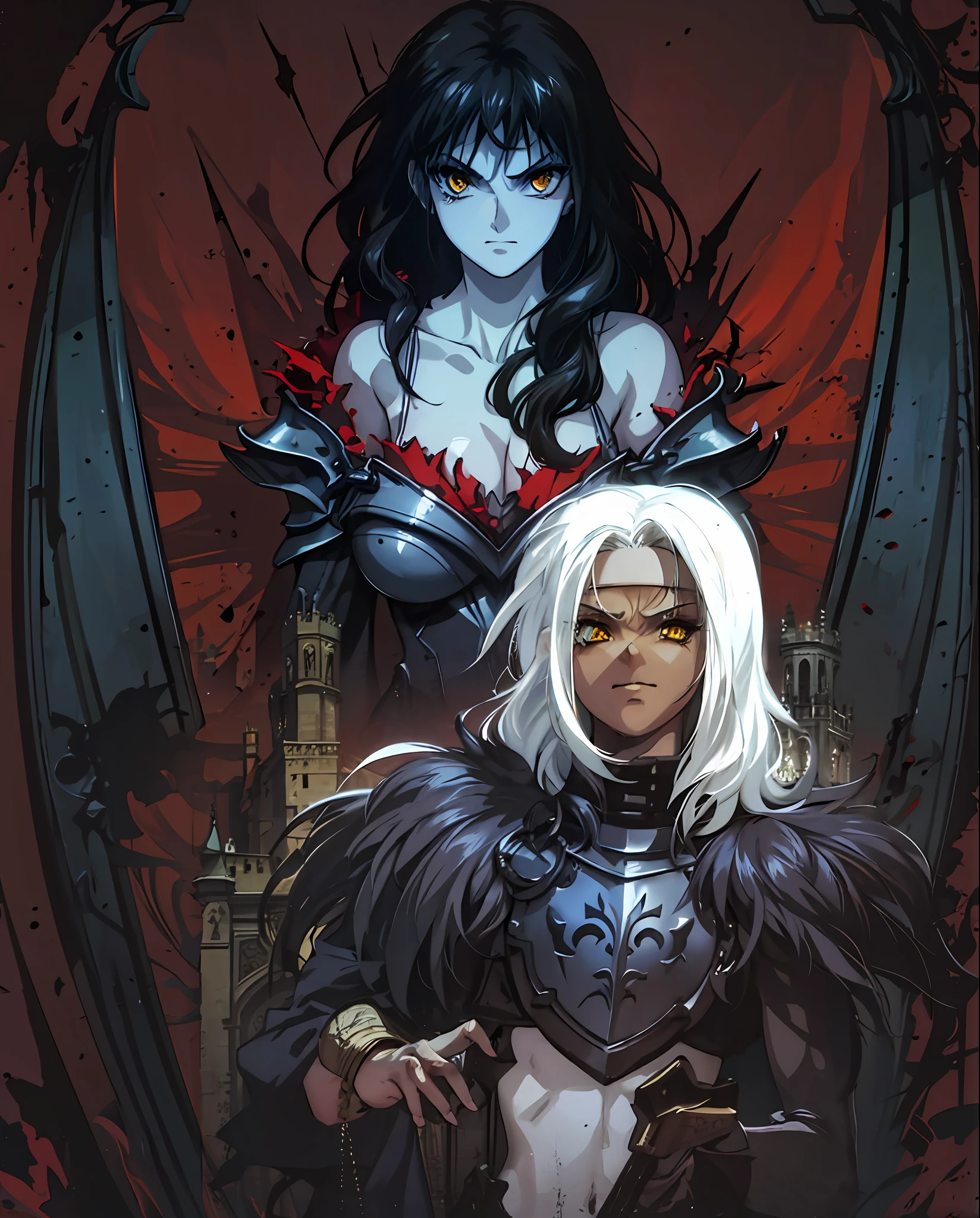 Black knight, castle at night, Gothic Realistic ,4k, brown skin, straight white hair, yellow eyes