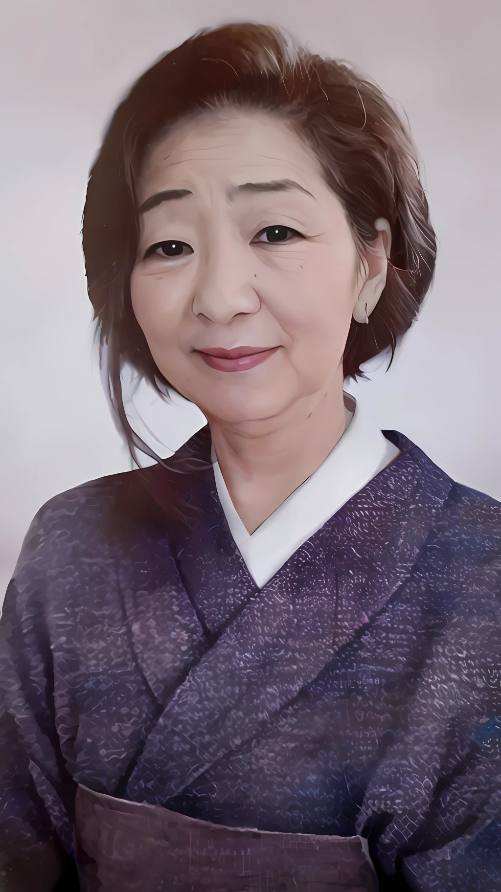 Female around 60 years old、(((eyes are small)))、japanes、Gentle expression、Clothes filled with purple gills、broad shoulders、