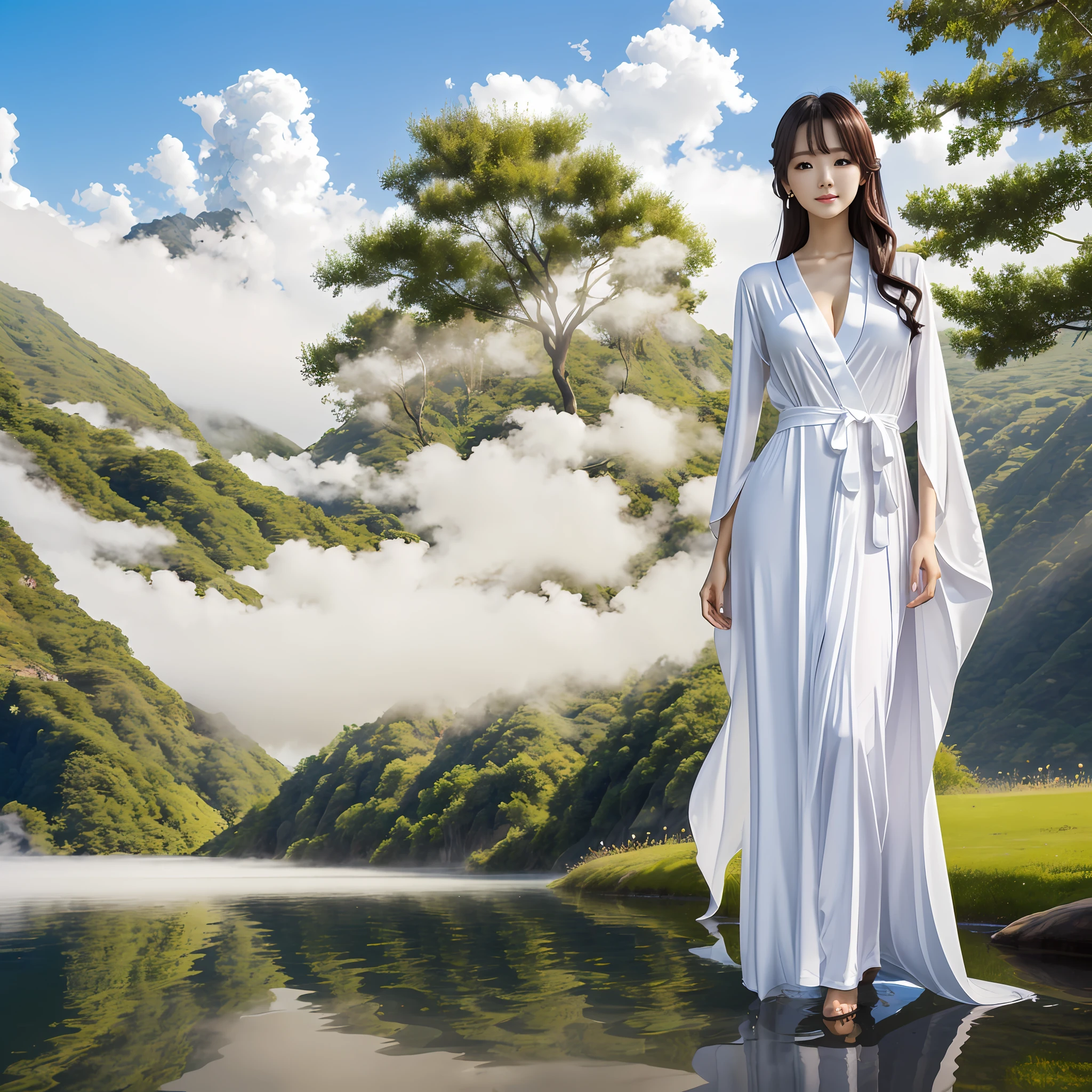Beautiful and ethereal Lora beauty wearing flowing translucent white Chinese robes。The image captures Lora beauty standing gracefully on the water,It is surrounded by white clouds and mist,Adds an otherworldly touch to the scene。Lora's beauty's long white hair and robe were blown up by the wind,It adds movement and fluidity to the picture。Use Midjourney's advanced brush tools to create complex folds and textures on the robes and hair of lora beauty,And experiment with different color palettes and brushstrokes to bring out the ethereal quality of the scene。Lora's K-cup teardrop-shaped giant tit chest makes the characteristics obvious sexy and tight, the body is beautiful and irritating,The image of Lora's beauty is sometimes obscured by the surrounding mist,It also adds to the beauty of Lora's beauty,Make the scene full of mystery and fascination。Leverage Midjourney's powerful tools,You can bring this captivating and ethereal scene to life with incredible detail and beauty。 hdr,(真实感,Masterpiece quality,best qualtiy),,pureerosface_v1,ulzzang-6500-v1.1
