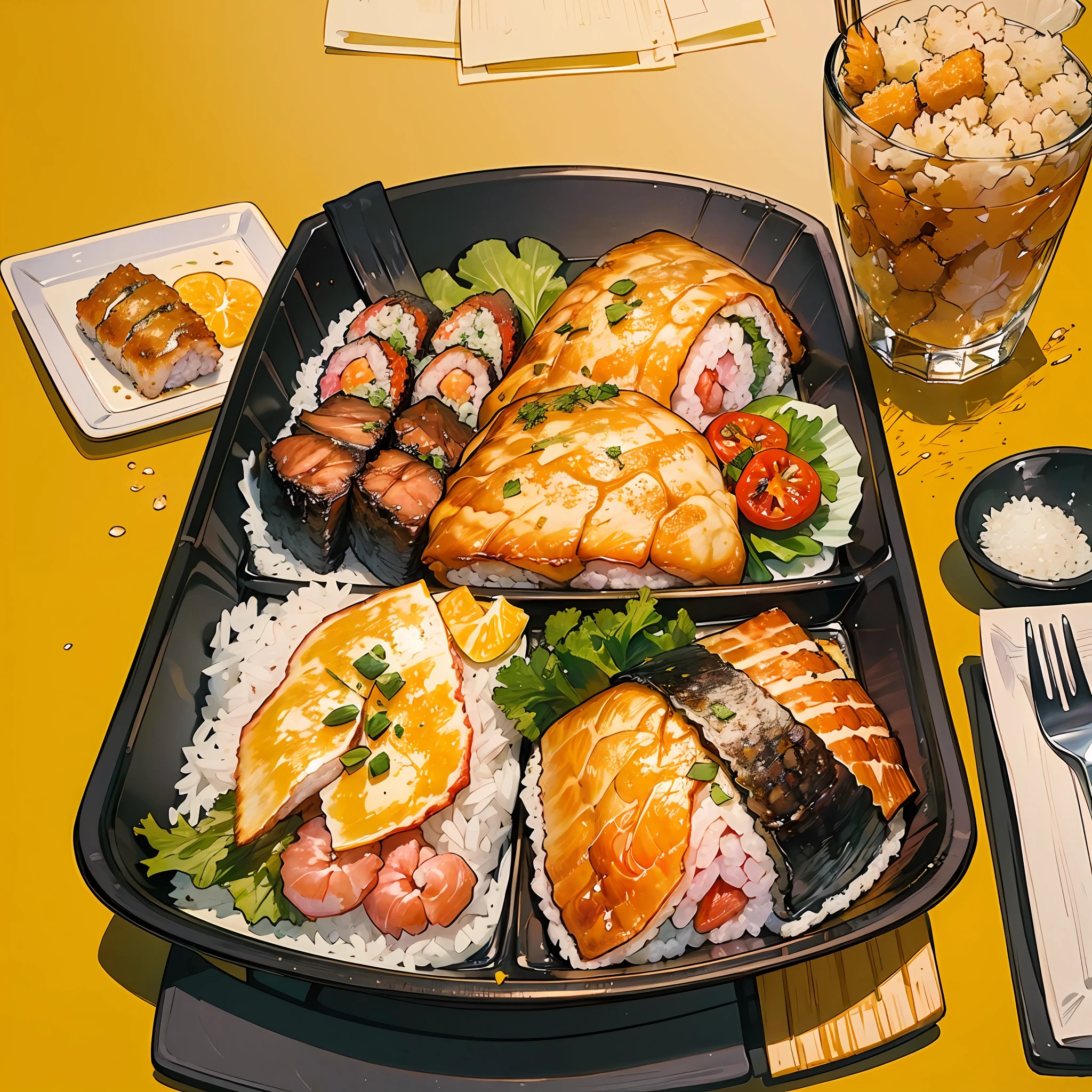 ((Best Quality)), ((Masterpiece)), (detailed), Ultra detailed,
no_humans, food_focus, food, rice, shrimp, yellow_background, fish, bento, still_life, tempura, omelet, sushi, vegetables, meat --auto