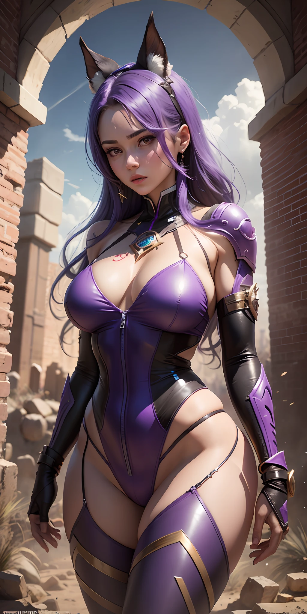1girll，Gorgeous Hair in Long Purple，Purple jumpsuit，Tattooed with，There is a red string around the waist，Purple boots，Thigh leg rings，The right hand releases a purple energy glow，Hands full breasts, Convex buttocks, city ruins，holy rays，A desert，Detailed background, Clothing details, perfectly proportioned, filmgrain, Fuji colors, lightand shade contrast, tmasterpiece, high detal, high qulity, A high resolution, Cinematic lighting, 8K, Textured skin, Super detail