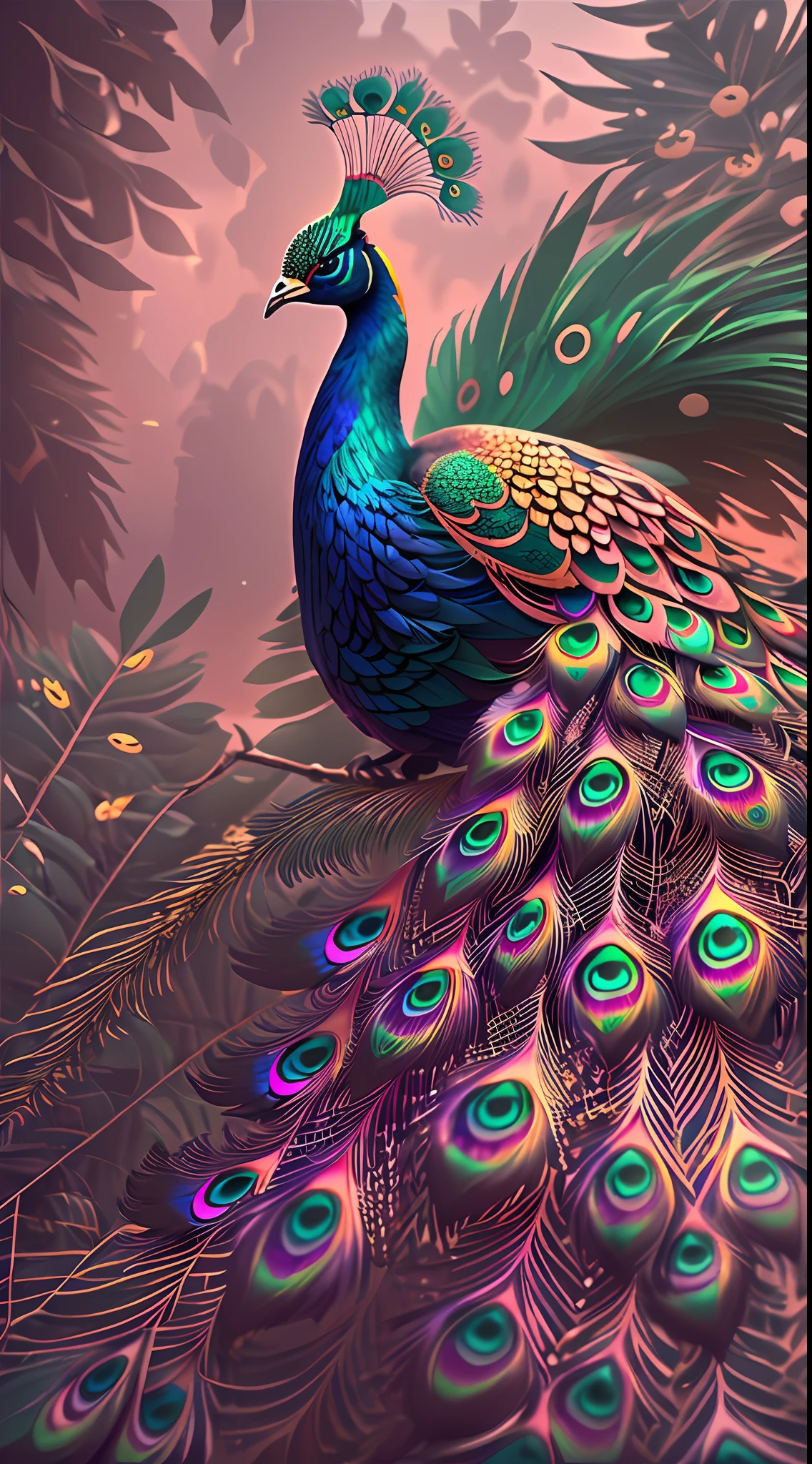 A colorful peacock，Colorful feathers，The feathers are brightly colored and layered,Standing on a branch。(The peacock faces sideways：1.3），（The peacock picture is centered），(Medium and close range)，（Finely depicted head，leges，clawed paws），Ultra photo realsisim，super-fine，超高分辨率，8K,Premium wallpapers，Highest image quality，3D,C4D