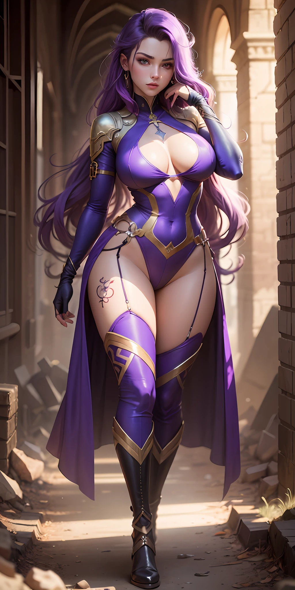 1girll，Gorgeous Hair in Long Purple，Purple jumpsuit，Tattooed with，There is a red string around the waist，Purple boots，Thigh leg rings，The right hand releases a purple energy glow，Hands full , Convex , city ruins，holy rays，A desert，Detailed background, Clothing details, perfectly proportioned, filmgrain, Fuji colors, lightand shade contrast, tmasterpiece, high detal, high qulity, A high resolution, Cinematic lighting, 8K, Textured skin, Super detail
