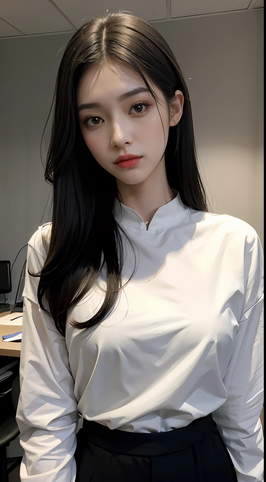 A tall girl with hair,Delicate facial features,Slim and well-proportioned,Wear a white shirt and black pencil pants,Check your messages at your desk,A handsome side face appears between the hairs。