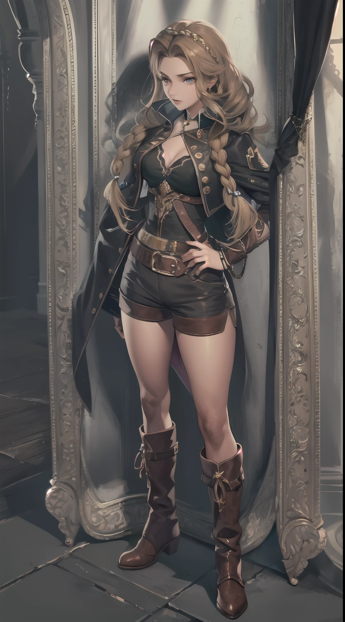 mulher loira de shorts curto, roupa verde e branca, 20 anos, cabelo loiro, cabelo dourado, cabelo longo, plaits, botas brancas, castlevania, sensual, dynamic lights, dinamic angle, 4k, fagulhas brilhantes, barriga bonita