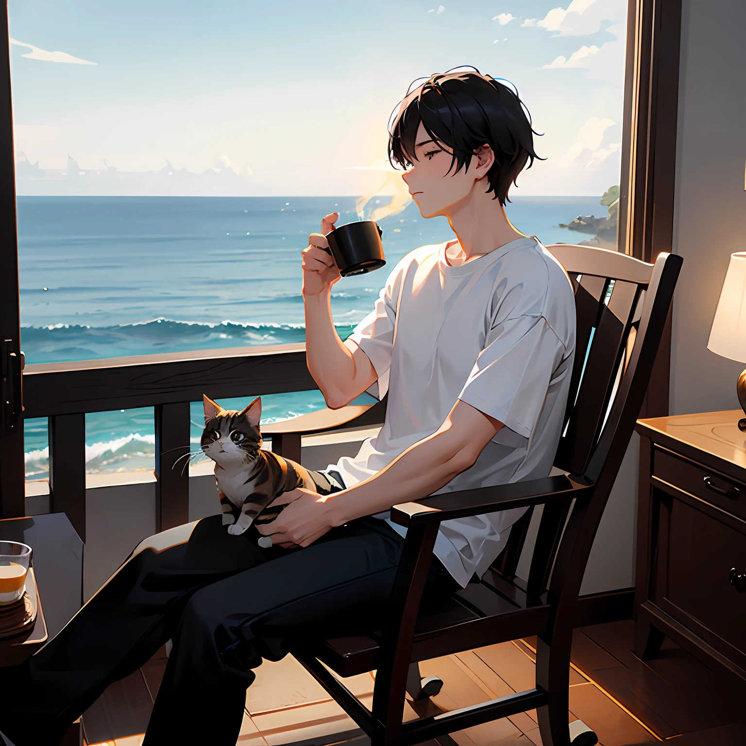 Sunny day at dawn、With one cat、You can see the sea below on a very high hill、While sitting in a rocking chair、Dressed in a white T-shirt and black pants、A man brewing coffee while looking at the sea --auto