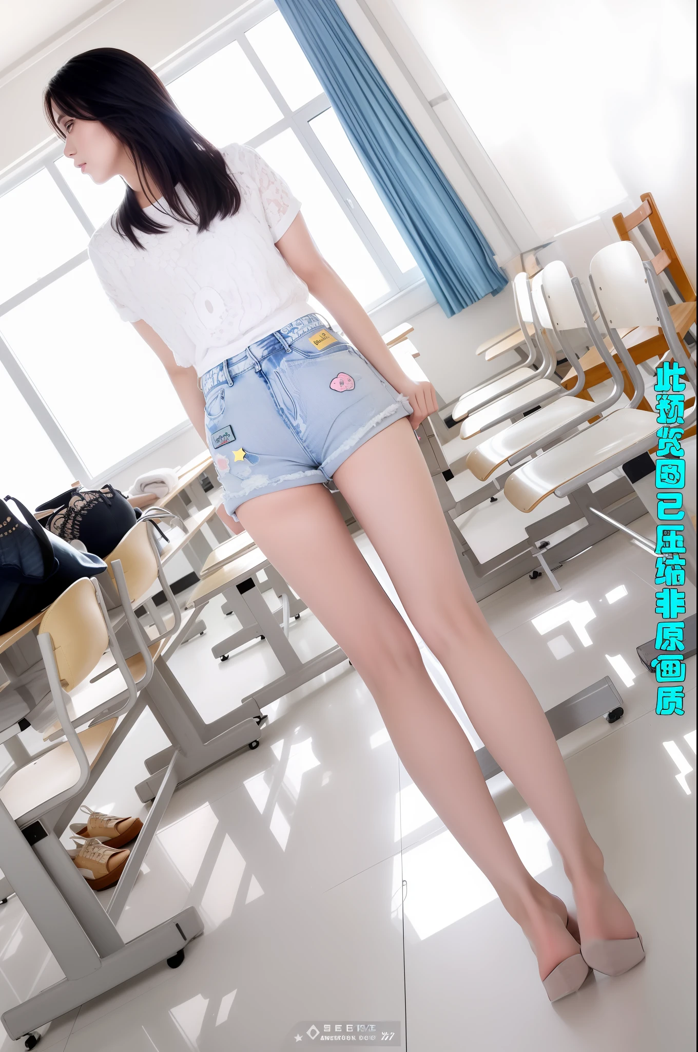 A woman stood in the classroom，Wear a pair of high heels, sexy girl wearing shorts, ( ( ( Wearing jeans ) ) ), Long thin legs, very beautiful long slim legs, legs visible, very beautiful slim legs, reluvy5213, hot pant, photo of slim girl model, short jeans pants, denim short, Beautiful slim legs