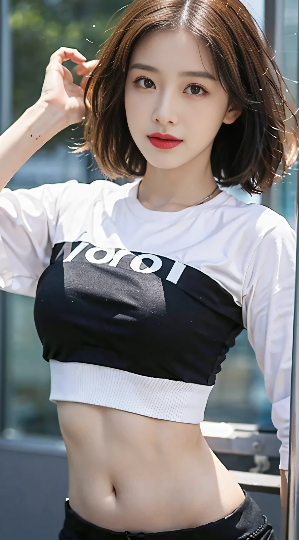 (Original photo: 1.2), (Realistic: 1.4), (Masterpiece: 1.3), (Best quality: 1.4), Dreamy, (detailed eyes), (detailed facial features), (detailed clothing features), Skin tightness, (Shiny skin), (Slim Girl), (Slim Girl), (Slim Girl), 1 Girl, Veronica Code, Solo, Cute, Bangs, Short brown hair, Black eyes, (Medium breasts), ((Shirt)), Dynamic pose, (Kodak Film Color) ((Camera not visible)) ((White Studio) (Studio Light) ,(crop top:1.4)