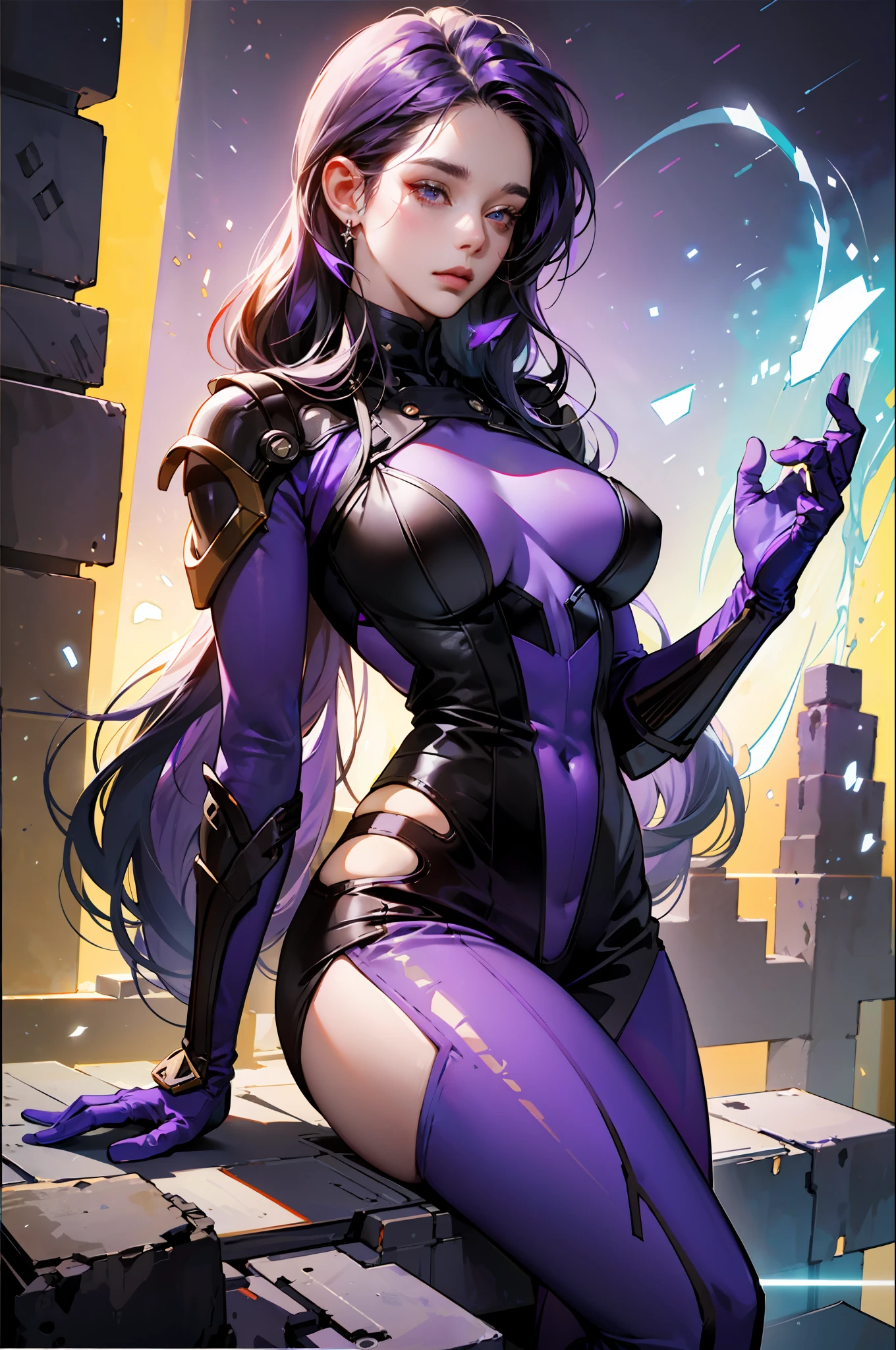 1girll，Gorgeous Hair in Long Purple，Purple jumpsuit，Tattooed with，There is a red string around the waist，Purple boots，Thigh leg rings，The right hand releases a purple energy glow，Hands full breasts, Convex buttocks, city ruins，holy rays，A desert，Detailed background, Clothing details, perfectly proportioned, filmgrain, Fuji colors, lightand shade contrast, tmasterpiece, high detal, high qulity, A high resolution, Cinematic lighting, 8K, Textured skin, Super detail