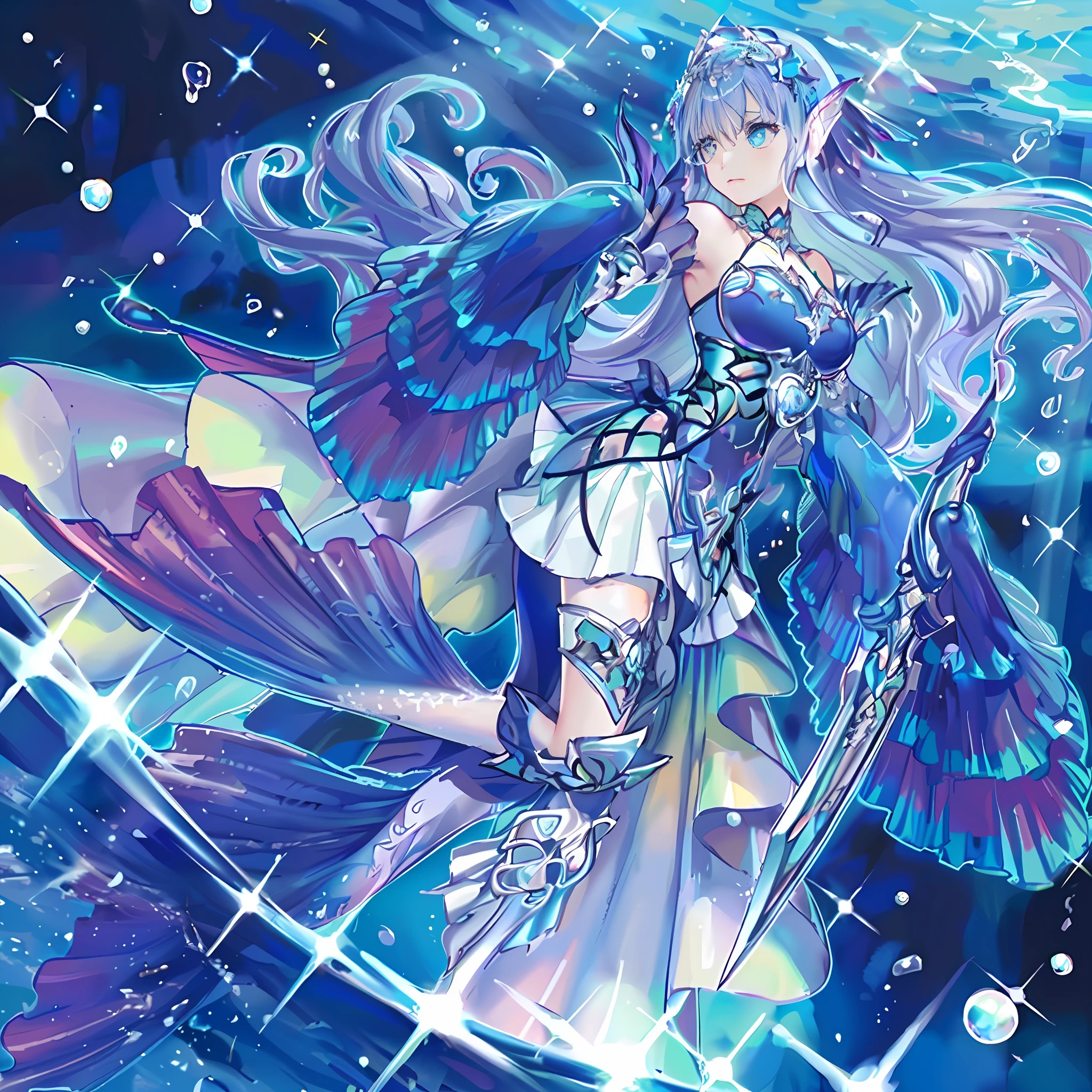 Close-up of mermaid holding a sword in hand, iridescence water elemental, astral fairy, Beautiful celestial mage, closeup fantasy with water magic, Detailed key anime art, mystical atlantean valkyrie, jellyfish priestess, she has iridescent membranes, water fairy, high detailed official artwork, luminous water elemental, blue scales covering her chest