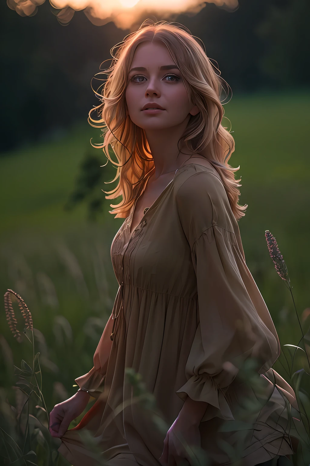 (Maggie from Farlight 84: 1,2), (Summer sunset at night: 1,3), (8k, photo RAW, beste-Qualit, tmasterpiece: 1,2), (realisti, photo-realistic: 1,37), beste-Qualit, extra high resolution, (Focus Face: 1,8), (Portrait face: 1,7), (Large face: 1,5), (High contrast: 1,1), (intensive: 1,1), (detailed: 1,1), (Highest Quality, (analog: 1,2), (High Sharp), A real shadow, shot on a Canon EOS R6, 135 mm, 1/1250 p. (in Russian), f/2,8, ISO 400, (summer dress: 1,3), (in a field: 1,2), (Bizarre clouds: 1,3),