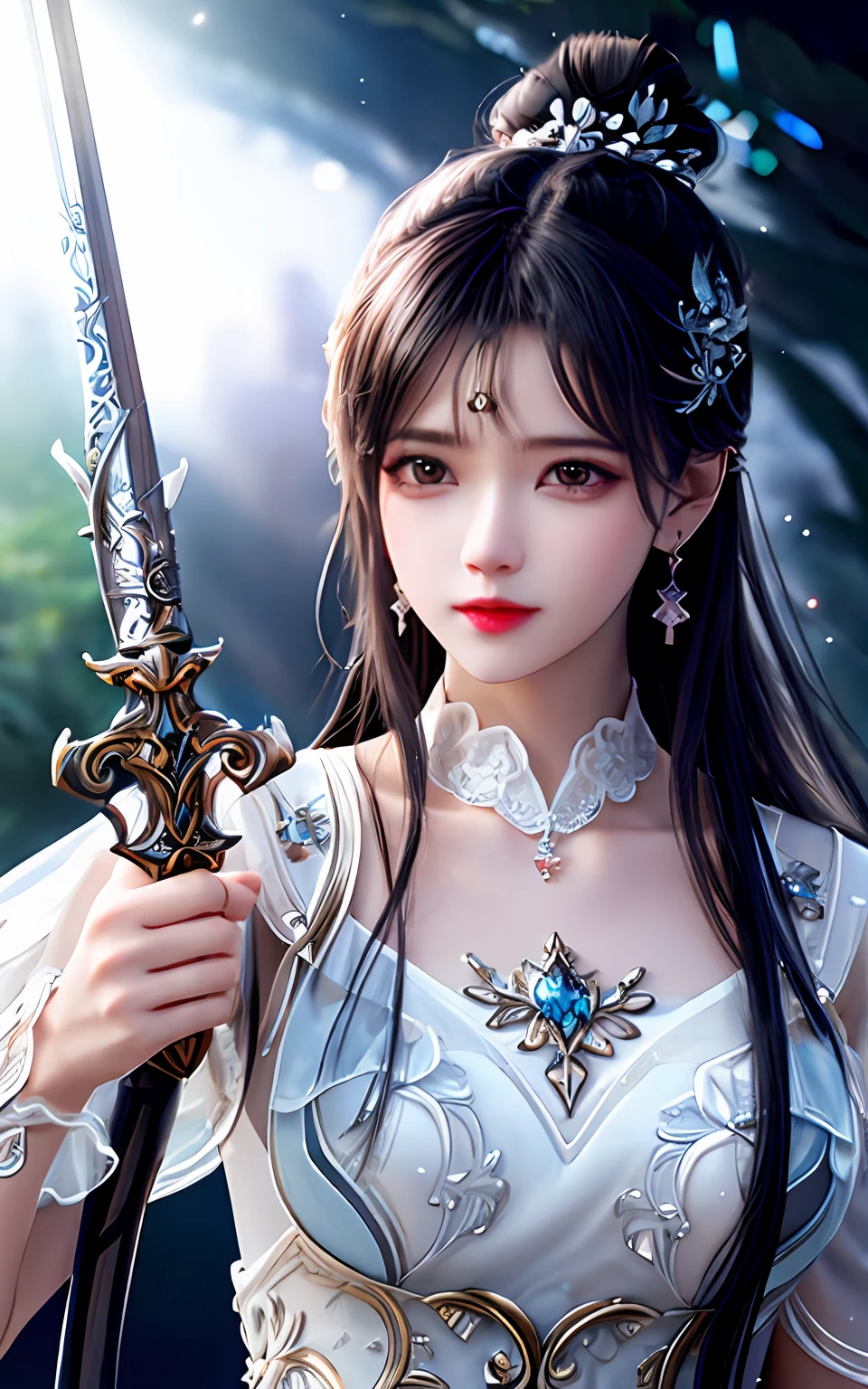 best quality,masterpiece,highres,cg,
1girl,weapon,sword,long hair,dress,water,solo,jewelry,white dress,earrings,hair ornament,splashing,upper body,hair bun,black hair,
lighting,candid,Photograph,high resolution,4k,8k,Bokeh,