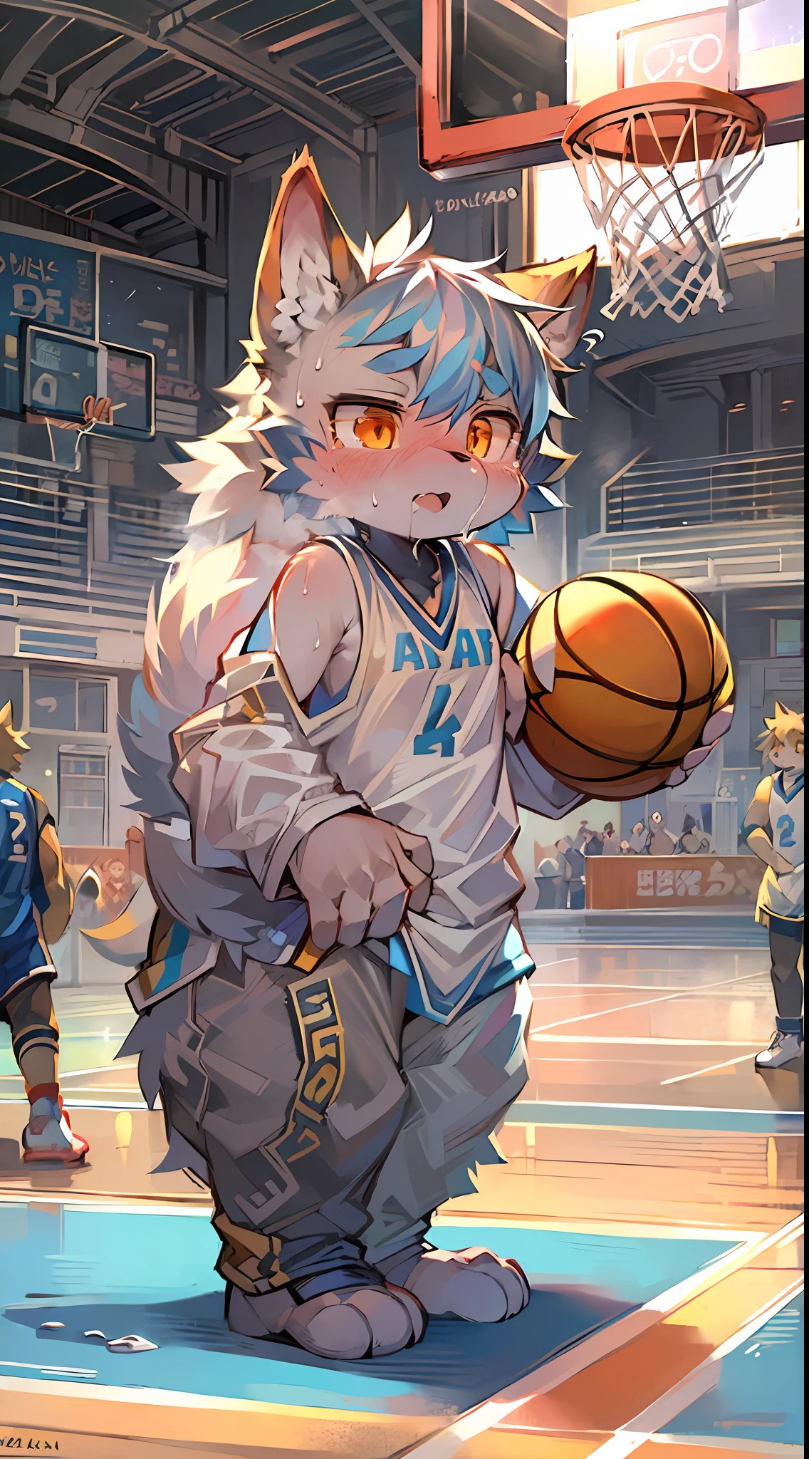 masterpiece, high quality, absurd res, digital painting \(artwork\), by dagasi, yupa,kiyosan,(fluffy fur:1.1),(bright:0.8),anthro male cat. (orange eyes,Gray blue fur, full body fur, cat snout:1.2), bright eyes,panorama,character focus.detailed background,(Yellow basketball jersey, sweating,dribble, playing basketball:1.2),(indoor, basketball court:1.2)