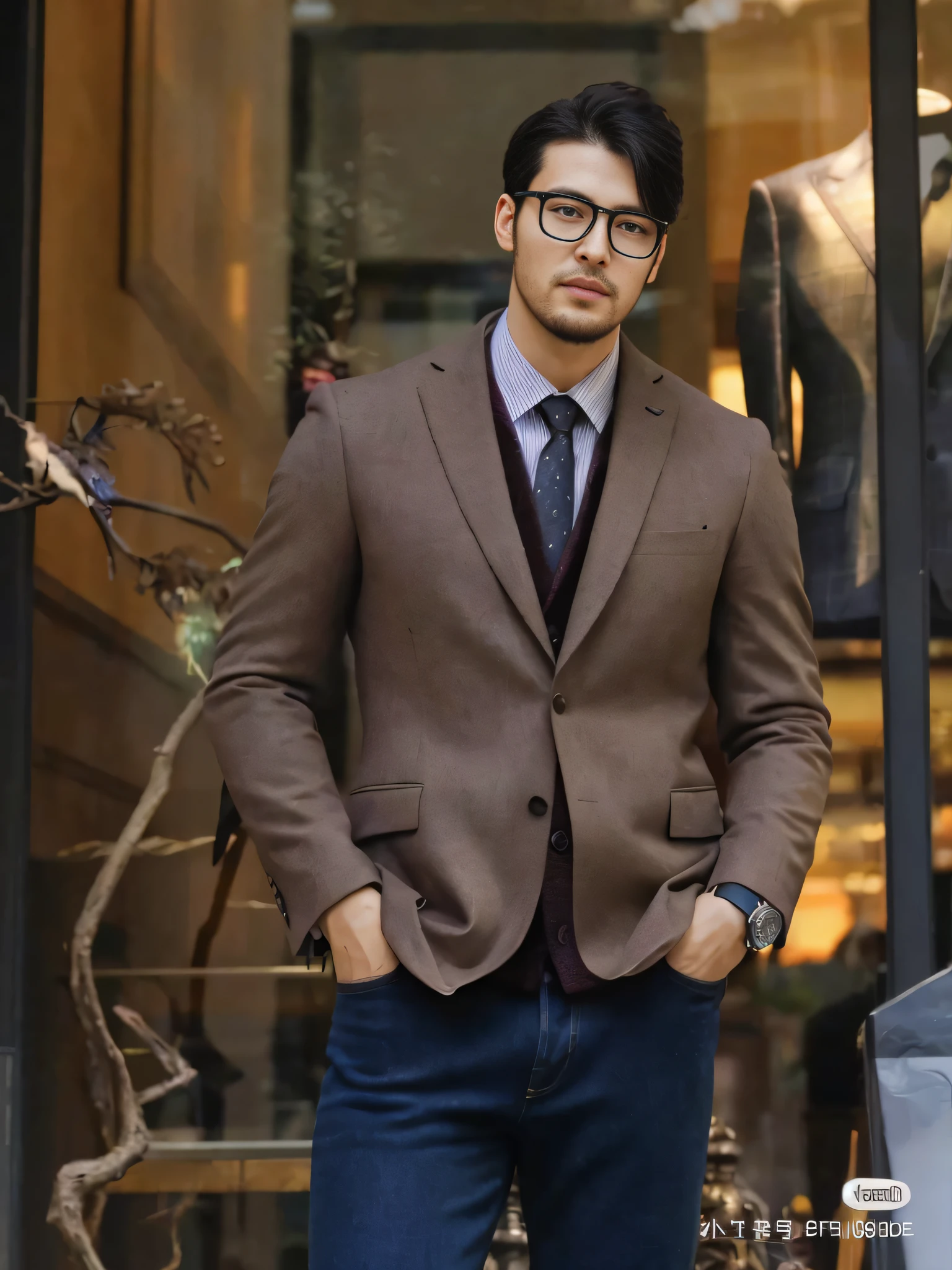 Alafeld man in suit and tie standing in front of the store, smart casual, Brown jacket, tailored clothing, wearing a worn out brown suit, wearing a blazer, well - dressed, wearing wool suit, wearing a suit and glasses, handsome and attractive, Handsome man, high quality suit, brown jacket with long sleeves, modern maximalist suit, well dressed，Retina screen，Vertical painting shadows，Perspectiva subjetiva，atmospheric distance sense，hyper HD，Textured skin，HighestQuali，high detal，The eyes are bright and alert，Ray traching，Multiple monochromes，Cinematic lighting effects --auto