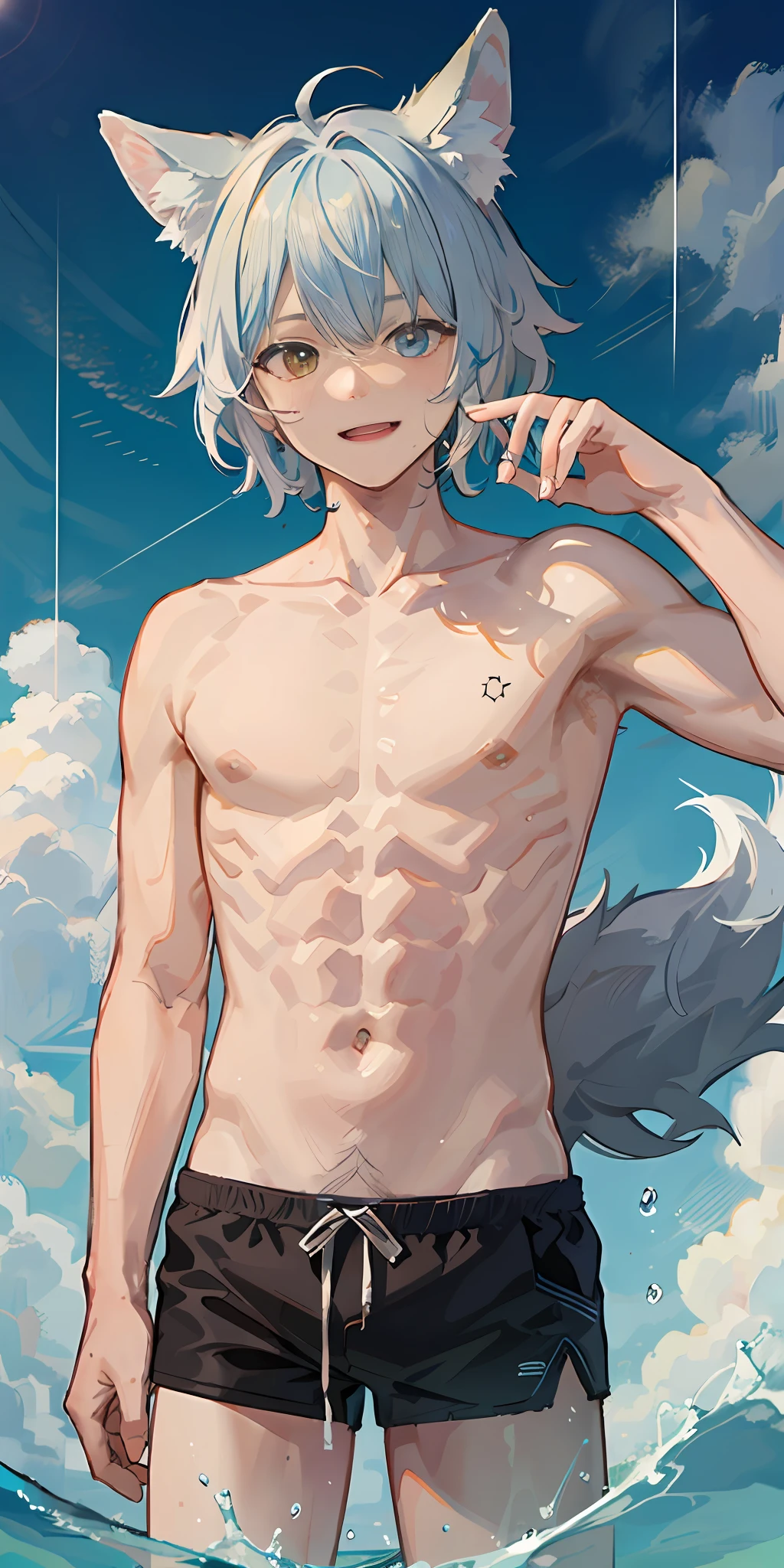 1boy，Shota，(high-definition quality，Masterpiece level)，Fresh and cold boy character，Wolf ears、Wolf Tail highlights the sense of belonging to the character，Heterochromatic eyes and the color of light blue hair echo each other，with clean lines，Show the modesty and confidence of the character，tmasterpiece, lightblue hair, Heterochromic eyes,(Wolf ears),(Wolf tail)，One tail，A young boy with，Have by the sea，Light swimwear jacket，musculature，Lean body type，laughing very happily，Dull hair，Brown pick dye，Four-corner swimming trunks，with fair skin