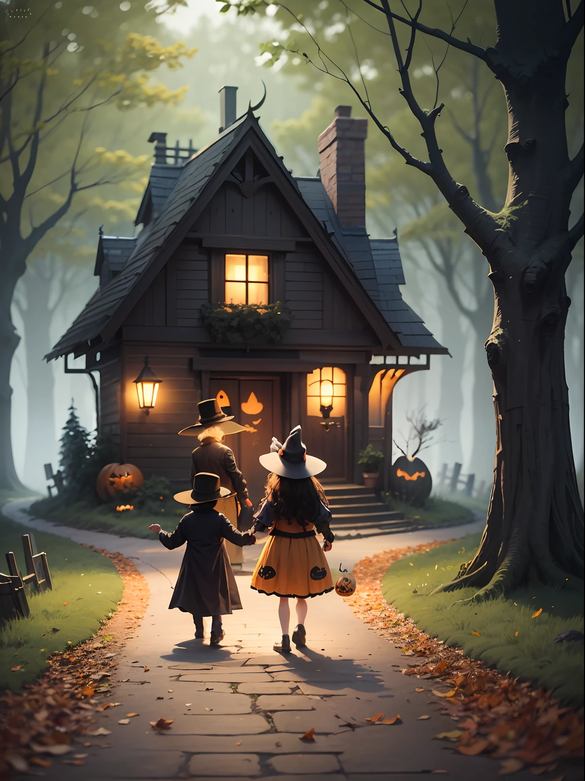 Create image of a Family of 4 Trick or Treater's on Halloween night (Mom, Dad, 4 year old daughter and baby) walking down a winding a path in the forest,come upon an old mysterious spooky cottage hidden in the forest