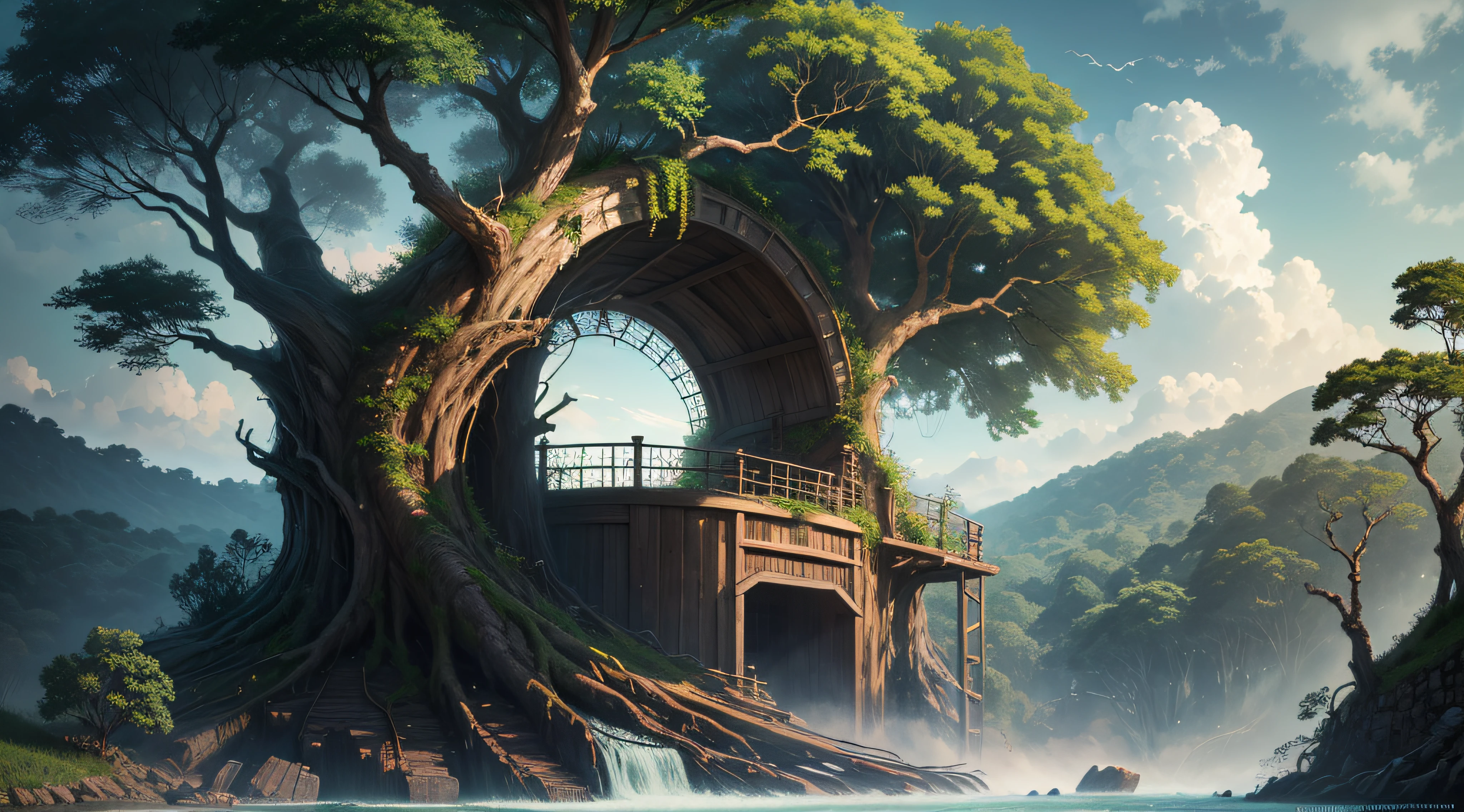 Gigantic colorful trees with many vines, palmeiras, coqueiro, fallen logs, a watermill with a waterwheel, moinho de vento, numa cachoeira exuberante, rio com grandes rochas hiper realista, sky with clouds, sol, lua, global ilumination, profundidade de campo,