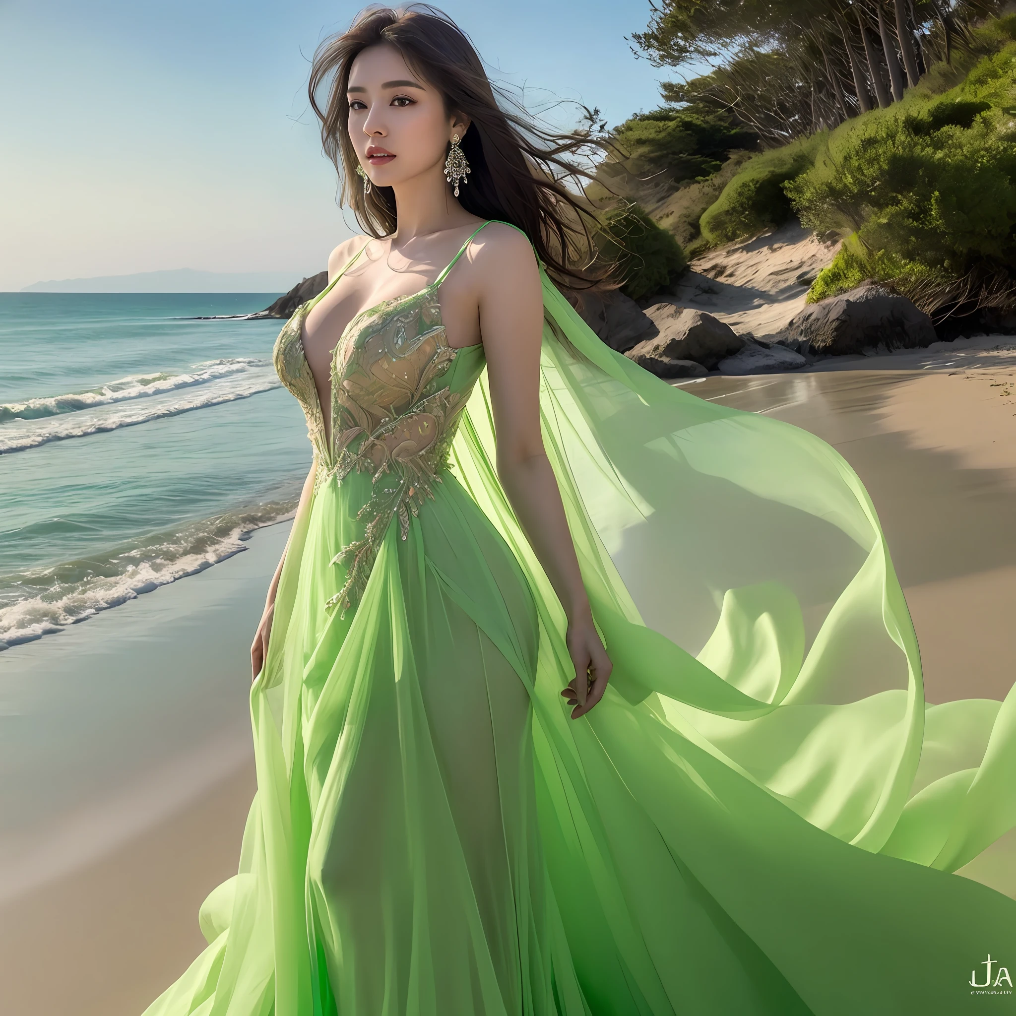 Ala Fed woman in thin light green dress standing on the beach, Flowing gown, fantasy long intricate gown, A flowing dress, ethereal beauty, sexy gown, dressed beautiful gown, jaw-dropping beauty, Flowing light green dress, full pose, Beautiful Gowns, jen zee, jaw dropping beauty, wearing flowing dress, stunning elegant, Full length view, Light green gown, translucent  dress