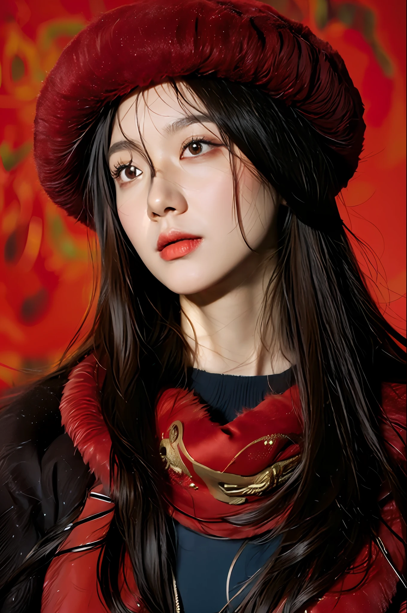 masterpiece, best quality, 1girl, red background, black hair, Long curly hair, face front, ((red fashion silk lone costume with red swirling vortexes pattern)), ((Red Plush Fur Hat)), emotional face, (close up portrait), make up, studio light, studio