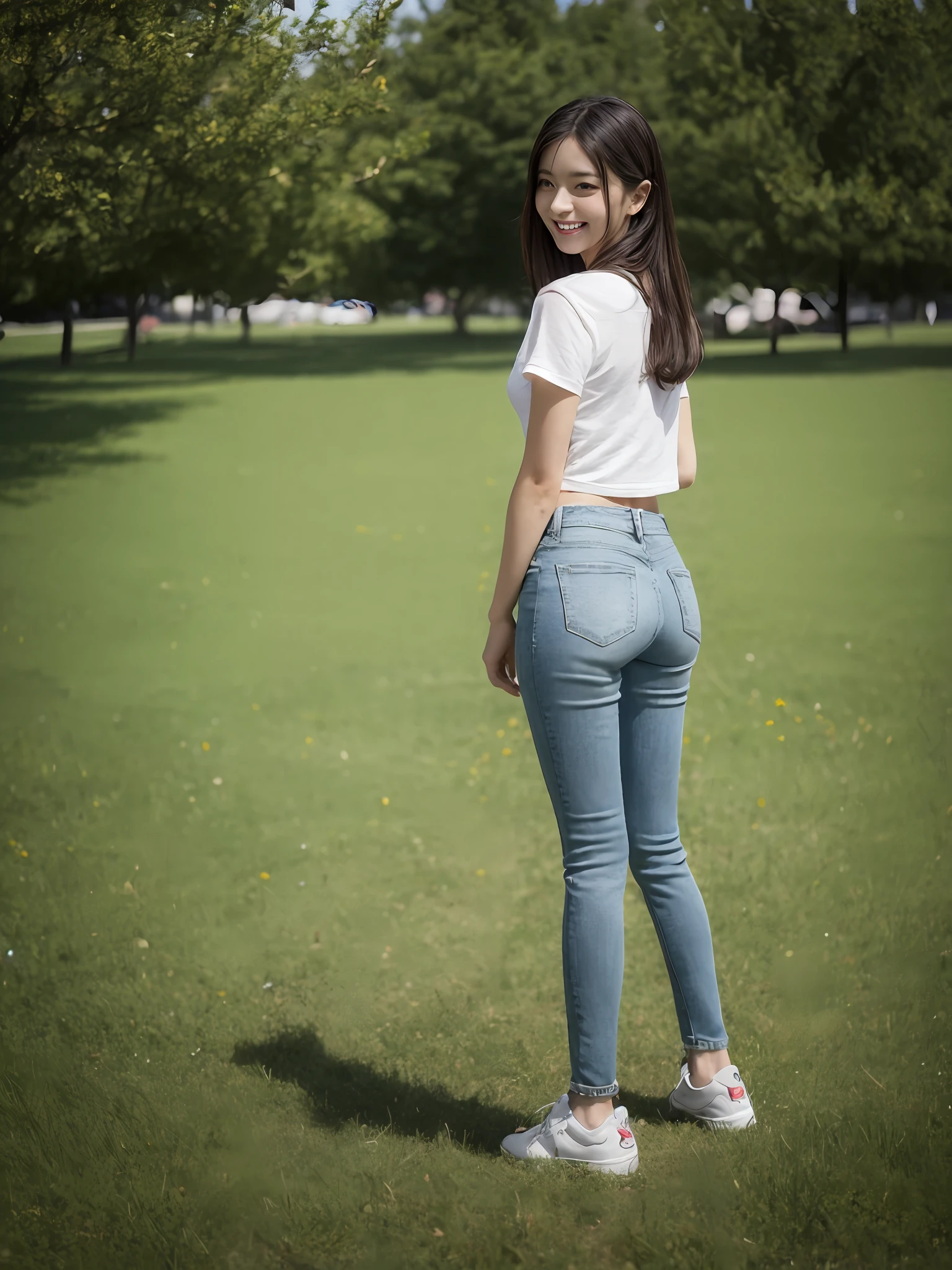 (超高分辨率,RAW photogr,realisticlying,tmasterpiece,best qualtiy:1.4),Complicated details,3个女孩,3 20 year old Korean girl,wears(Blue T-shirt exposed at navel)and skinny jeans,Stand on the grass and take pictures,hugs,Intimate relationships,Detailed meadow,A sweet smile on a small face,Ultra-realistic facial details,The face and skin are pink and white, and luminous,Ribbons,hair adornments,Playful and coquettish pose,The calves are straight and slender:1.2,Wear high-end brand sneakers:1.0,eventide:0.3,Broad lighting,naturalshadow:1.0,超高分辨率,taken from behind,Shows slim waist and hips,taking a full body photo:1.8 --auto