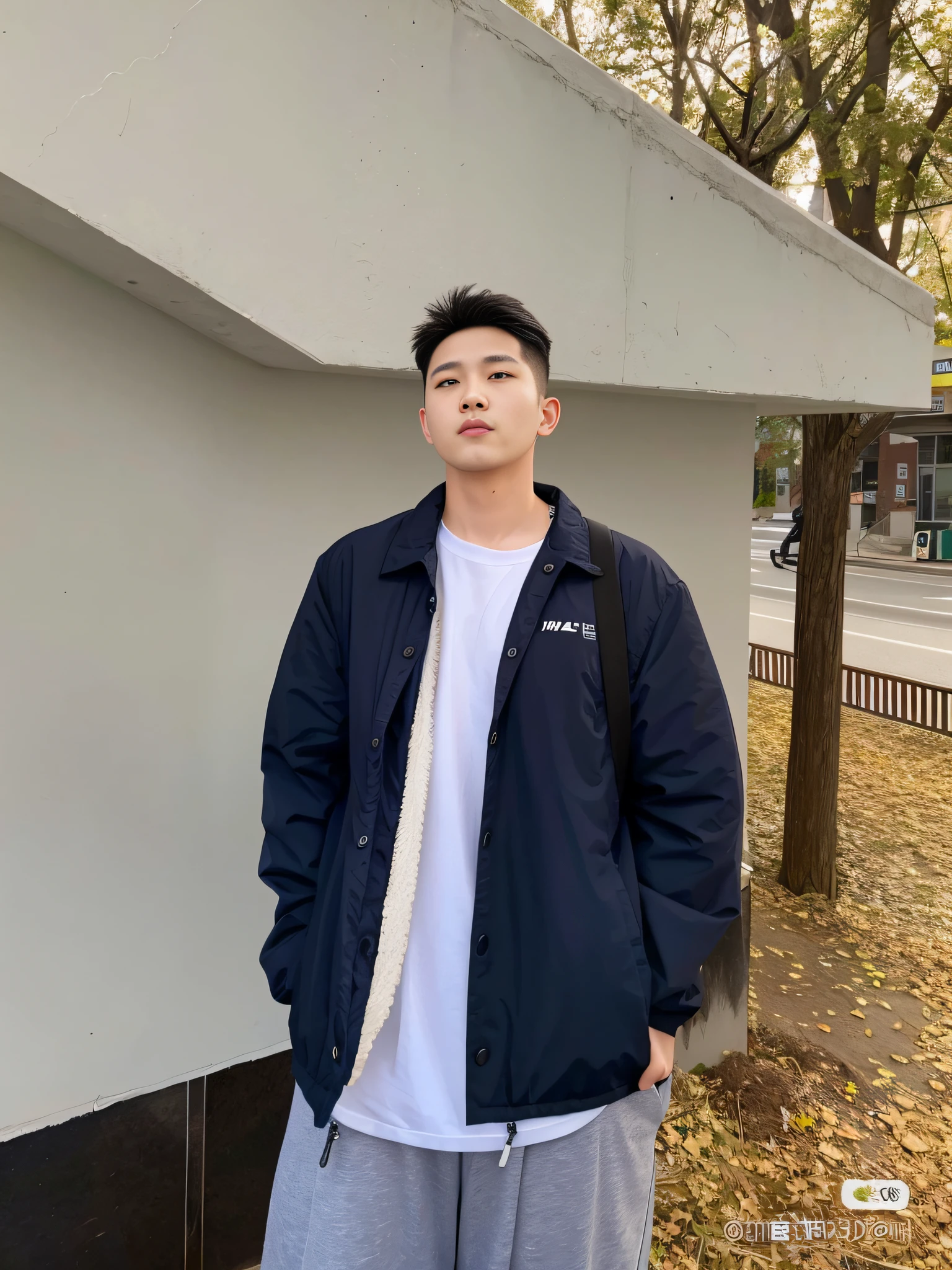 An Arafede man standing in front of a building with a backpack, South Korean male, hyung tae, trending on r/Street attire, Kim Do-young, casual streetwear, outlive streetwear collection, personal profile picture, Shin Jinying, wenjun lin, steve zheng, a man wearing a black jacket, wearing blue jacket, Kim Tae-joon, Male ulzzang,Retina screen,Vertical painting shadows,Perspectiva subjetiva,atmospheric distance sense,hyper HD,Textured skin,HighestQuali,high detal,The eyes are bright and alert,Ray traching,Multiple monochromes,Cinematic lighting effects --auto