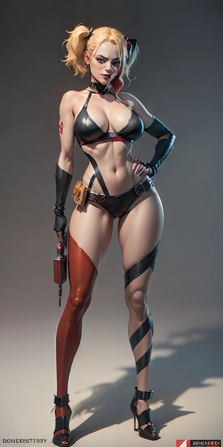 Harley Quinn from DC, big breasts, frontal, full-length, looking at the camera, facing the audience, standing pose, simple background, three-dimensional light, detailed full-body concept, sleek digital concept art, beautiful full-body concept art, art trend, CGsociety full-length,