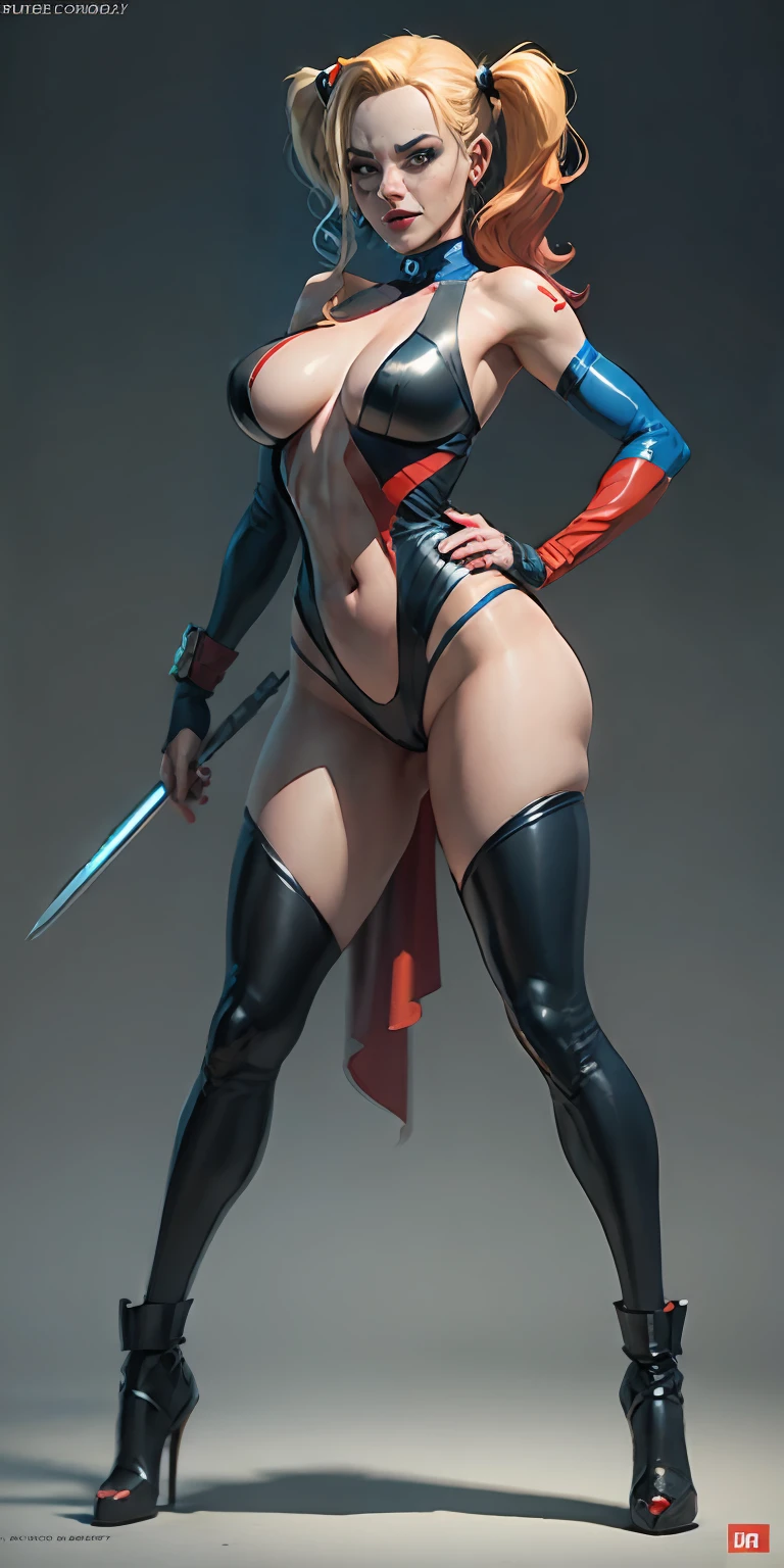 Harley Quinn from DC, big breasts, frontal, full-length, looking at the camera, facing the audience, standing pose, simple background, three-dimensional light, detailed full-body concept, sleek digital concept art, beautiful full-body concept art, art trend, CGsociety full-length,