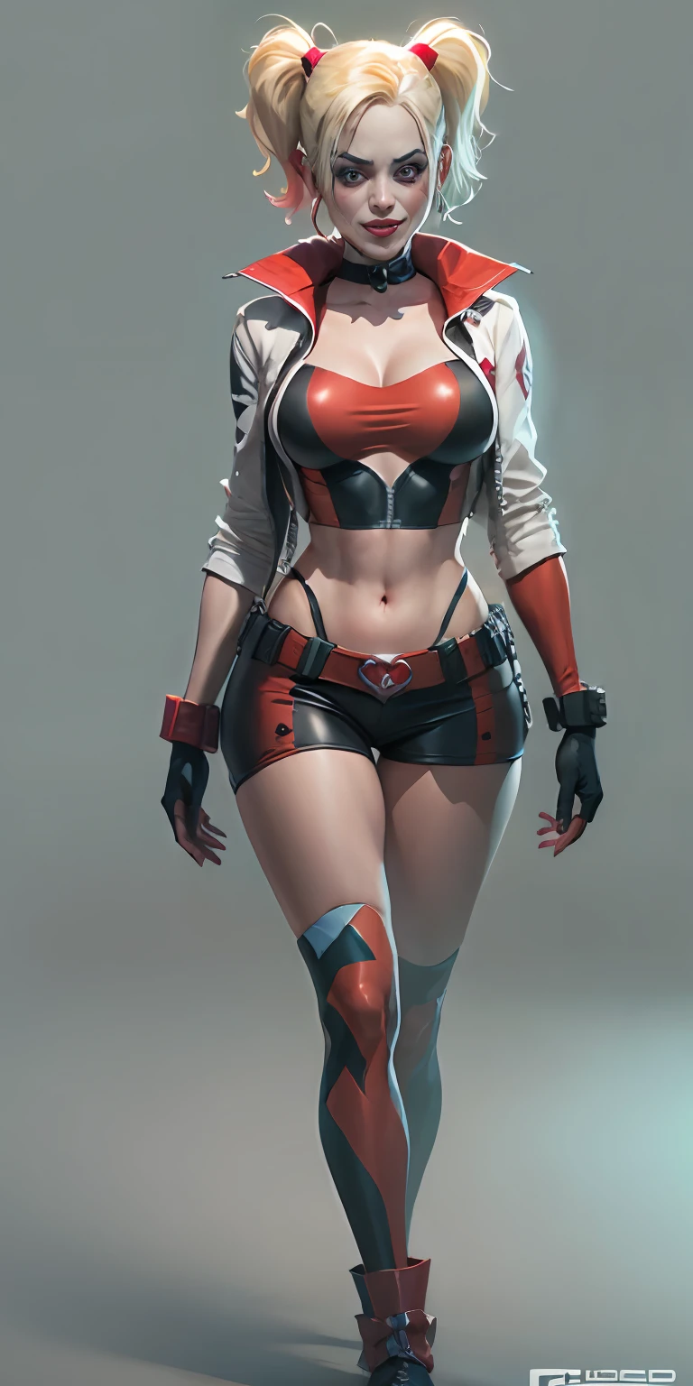 Harley Quinn from DC, big breasts, frontal, full-length, looking at the camera, facing the audience, standing pose, simple background, three-dimensional light, detailed full-body concept, sleek digital concept art, beautiful full-body concept art, art trend, CGsociety full-length,