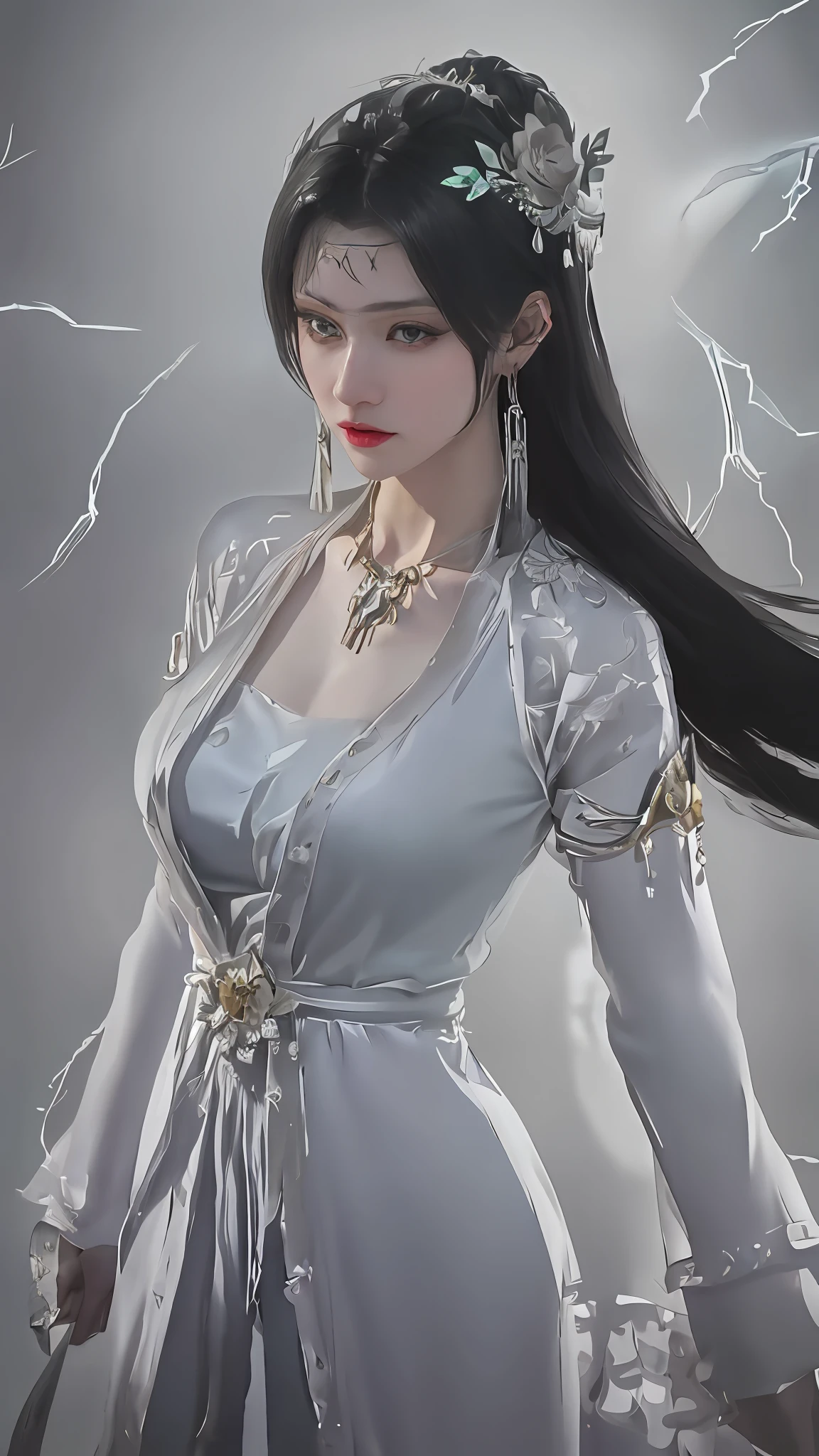A woman wearing a white dress，with long hair in takes，Tie a tie, ((a beautiful fantasy empress)), a beautiful fantasy empress, xianxia fantasy, Beautiful teenage girl, Fantasy Woman, Beautiful character painting, Xianxia, beautiful fantasy maiden, beautiful fantasy art, full-body xianxia, inspired by Zhang Yan, beautiful female witch, beautiful female witch，（skin textures：1.4），A high resolution，detail in face，The is very detailed，photorealestic，Real Human，3D Unreal Engine rendering，（hair detail：1.4），high qulity，
