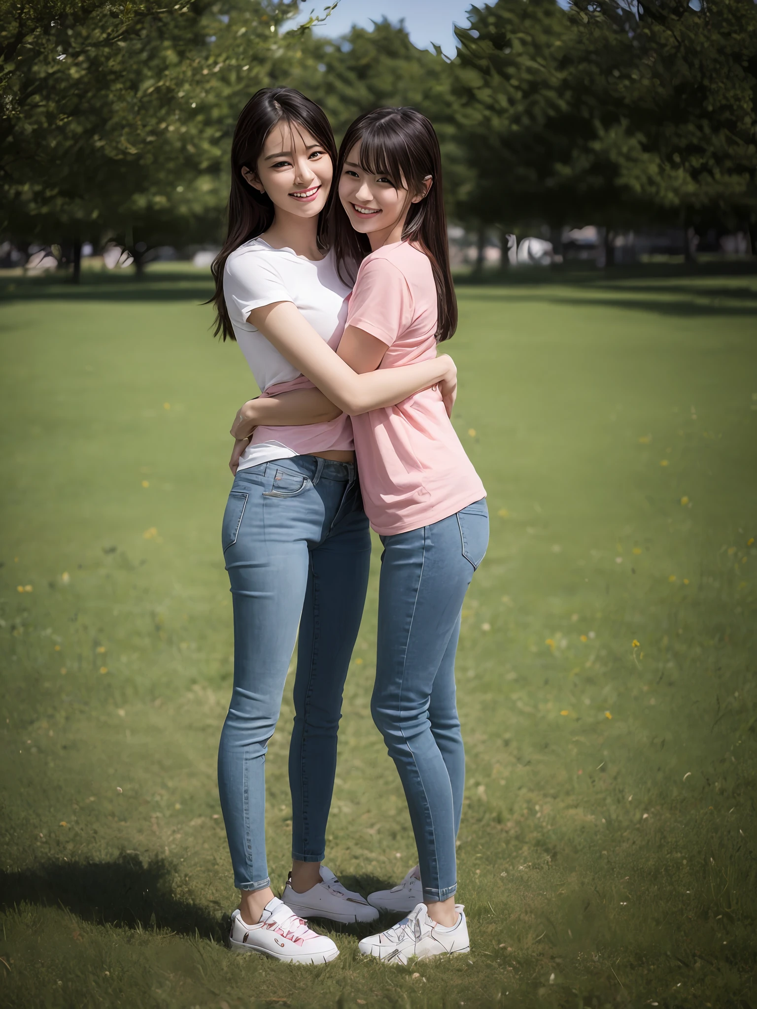 （超高分辨率，RAW photogr，realisticlying，tmasterpiece，best qualtiy：1.4），Complicated details，3个女孩，3 20 year old Korean girl，wears（Blue T-shirt exposed at navel）and skinny jeans，Stand on the grass and take pictures，hugs，Intimate relationships，Detailed meadow，A sweet smile on a small face，Ultra-realistic facial details，The face and skin are pink and white, and luminous，Ribbons，hair adornments，Playful and coquettish pose，The calves are straight and slender:1.2，Wear high-end brand sneakers:1.0，eventide：0.3，Broad lighting，naturalshadow：1.0，超高分辨率，taken from behind，Shows slim waist and hips，taking a full body photo:1.8 --auto