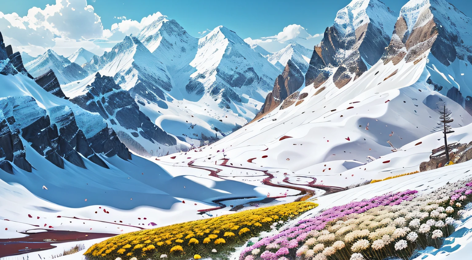 The mountains are full of wild chrysanthemums,Stream buffalo sheep
