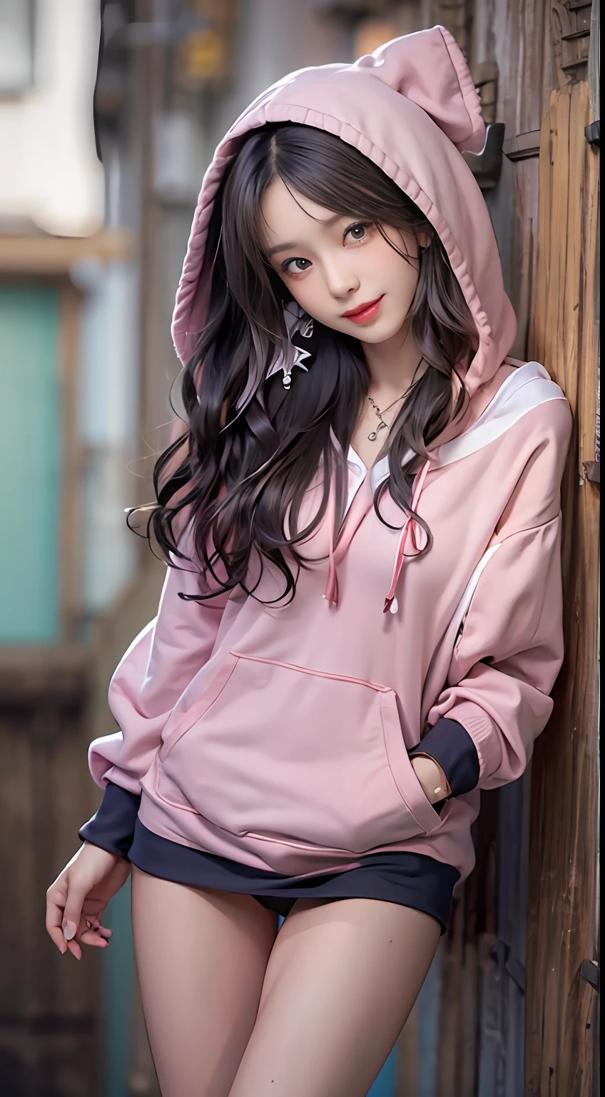 Film photography, 1 girl, (Hoodie:1.2), short  skirt, upper legs, necklace, Earrings, Seductive smile, Medium breast, full body, drunk blush:1.5, black wavy shoulder-length hair, serene, calm, (Realistic detailed eyes, Natural skin texture, Realistic face details), Soft dramatic lighting, Depth of field, Bokeh, vibrant detail, finely detailed, Hyperrealistic