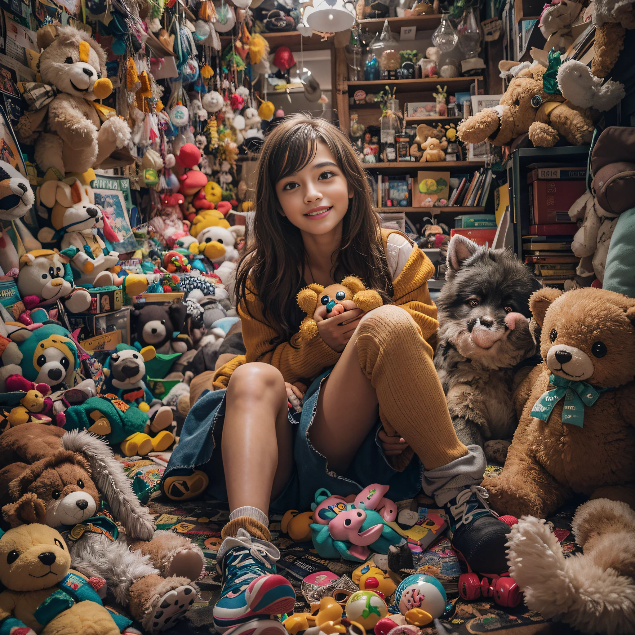 A 12-year-old girl holds a stuffed animal,Sit in a room full of toys,,cabelos preto e longos,cheerfulness,Rejoice,Perfect quality,Clear focus(Clutter - home:0.8), (tmasterpiece:1.2) (realisticlying:1.2) (Bokeh) (best qualtiy) (detailedskin:1.3) (complexdetails) (8K) (detailedeyes) (Sharp focus),(having fun)closeup cleavage