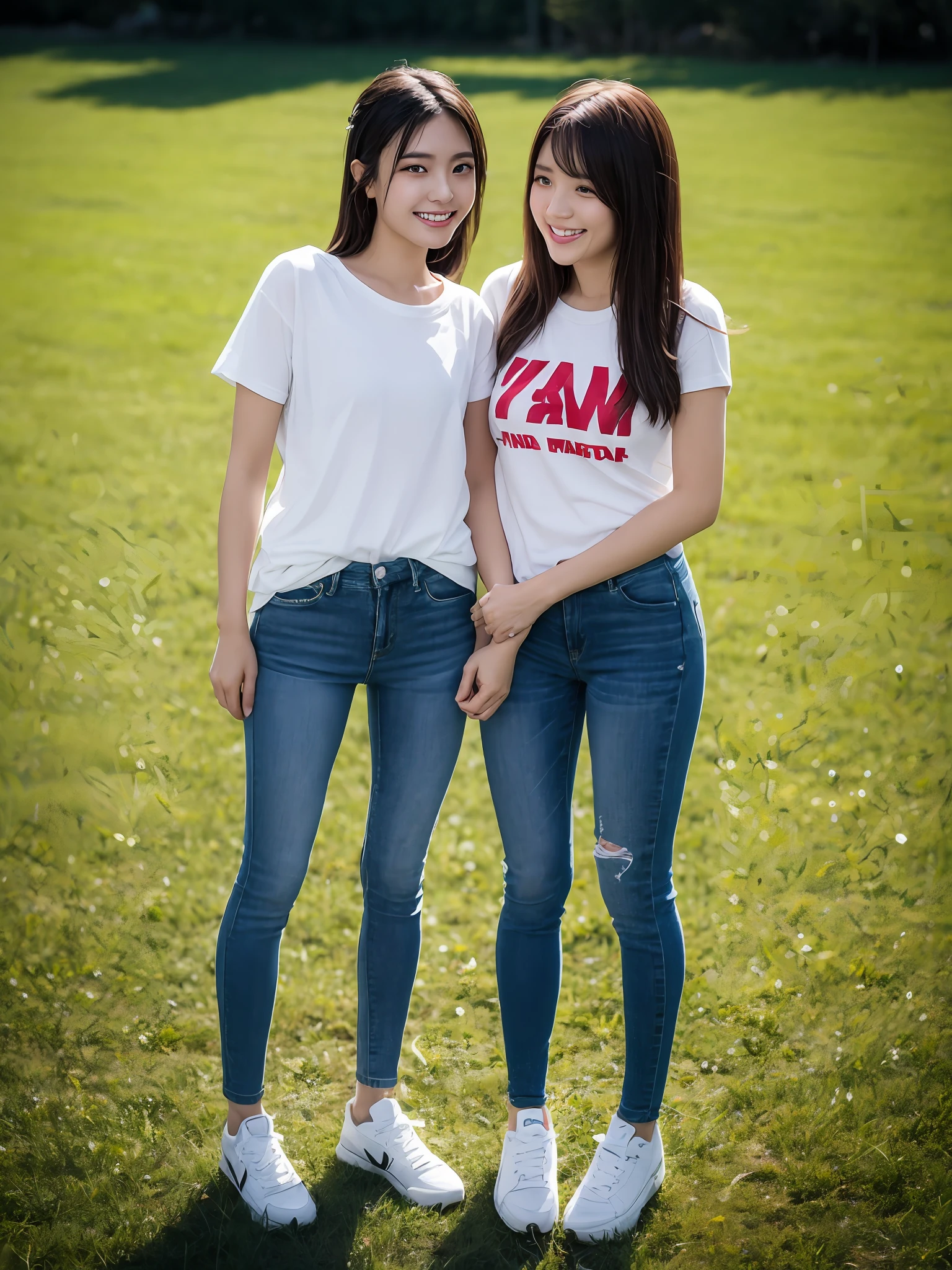 （超高分辨率，RAW photogr，realisticlying，tmasterpiece，best qualtiy：1.4），Complicated details，3个女孩，3 20 year old Korean girl，Wear a loose black T-shirt and skinny jeans，Stand on the grass and take pictures，hugs，Intimate relationships，Detailed meadow，A sweet smile on a small face，Ultra-realistic facial details，The face and skin are pink and white, and luminous，Ribbons and hair accessories，Playful and coquettish pose，The calves are straight and slender:1.2，Wear high-end brand sneakers:1.0，eventide：0.3，Broad lighting，naturalshadow：1.0，超高分辨率，taking a full body photo:1.8 --auto