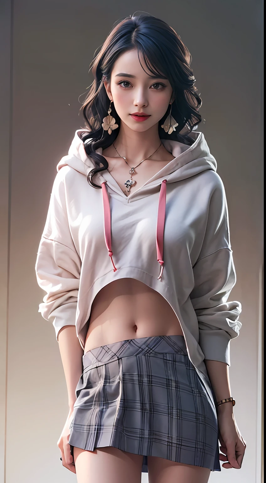 Film photography, 1 girl, (Hoodie:1.2), short skirt, upper legs, necklace, Earrings, Seductive smile, Medium breast, full body, drunk blush:1.5, black wavy shoulder-length hair, serene, calm, (Realistic detailed eyes, Natural skin texture, Realistic face details), Soft dramatic lighting, Depth of field, Bokeh, vibrant detail, finely detailed, Hyperrealistic