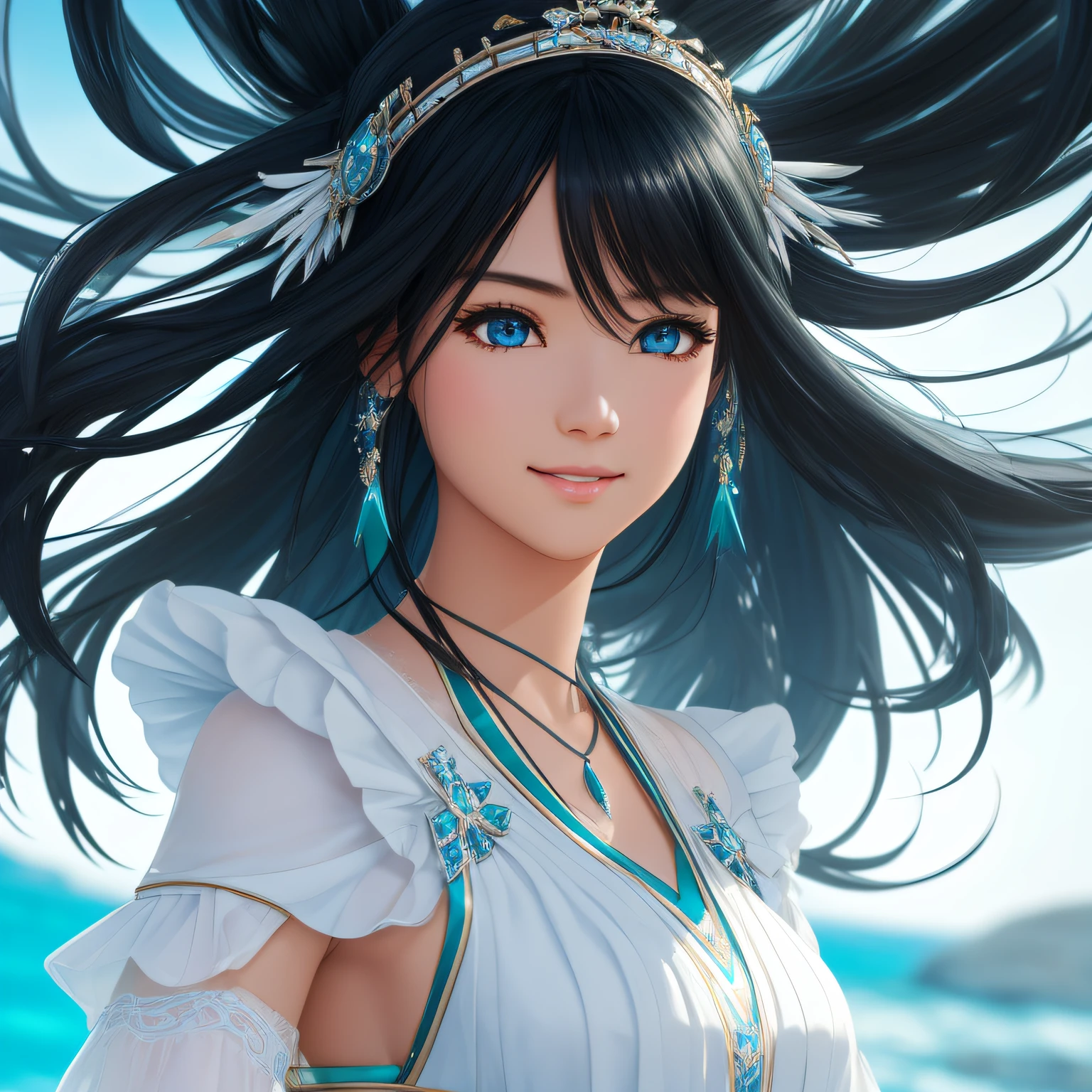 Black hair, Very long hair, aqua eyes, cheerfulness, Reflectors,, in a panoramic view, Sony FE, Realism, Cinematic lighting, 4K, High details ,Raised sexy,plumw,Oriental,Dressed in white --auto