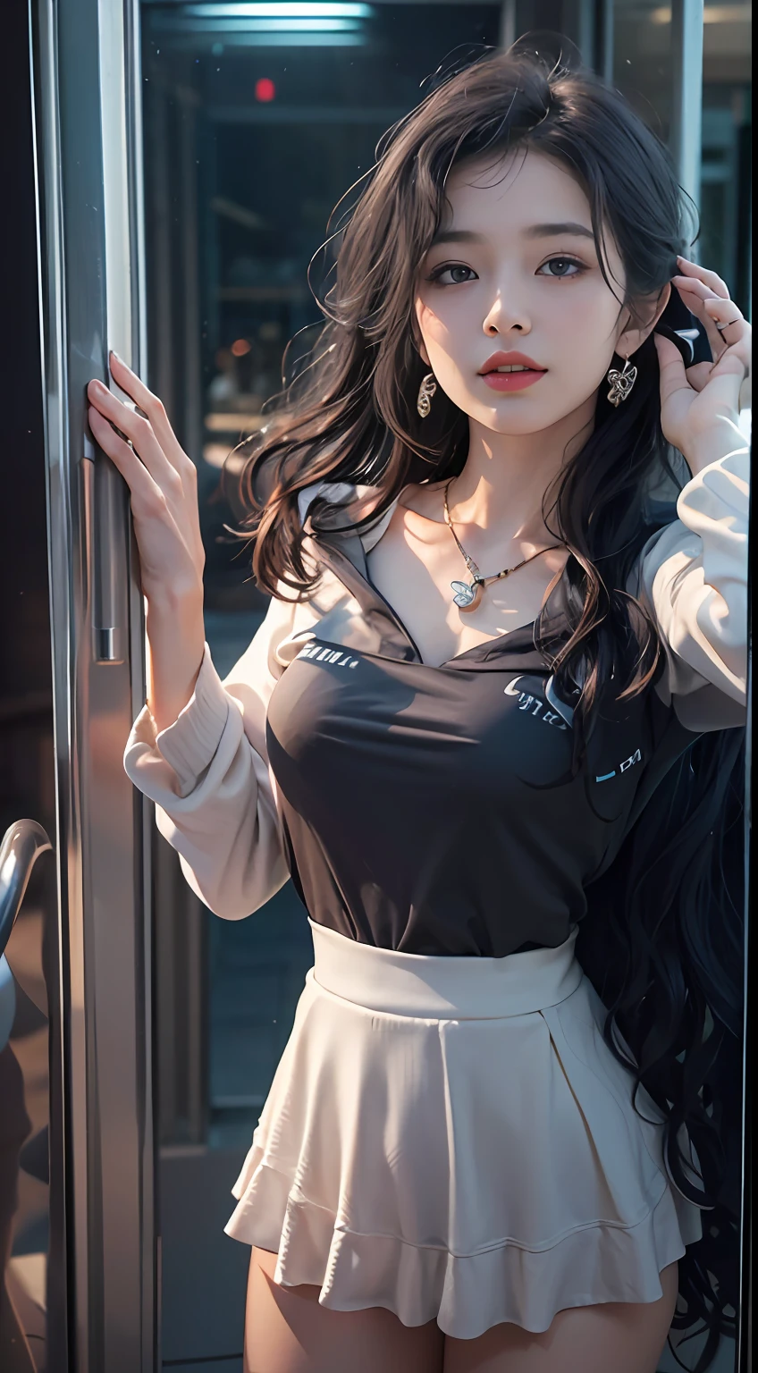 ((8k)),Film photography, 1 girl, (Hoodie:1.2), (short skirt), upper legs, navel,necklace, Earrings, Seductive smile, Medium breast, full body, drunk blush:1.5, black wavy shoulder-length hair, serene, calm, (Realistic detailed eyes, Natural skin texture, Realistic face details), Soft dramatic lighting, Depth of field, Bokeh, vibrant detail, finely detailed, Hyperrealistic