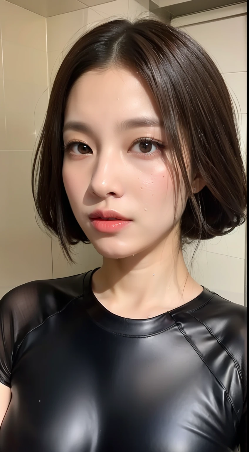 (top-quality)、A Japanese Lady、1girl in、A sexy:1.1、Dark brown fringe hair:1.1、(a wet body:1.3)、The sheen、ratex、wet suit、hyperdetailed face、Detailed lips、A detailed eye、Shower room