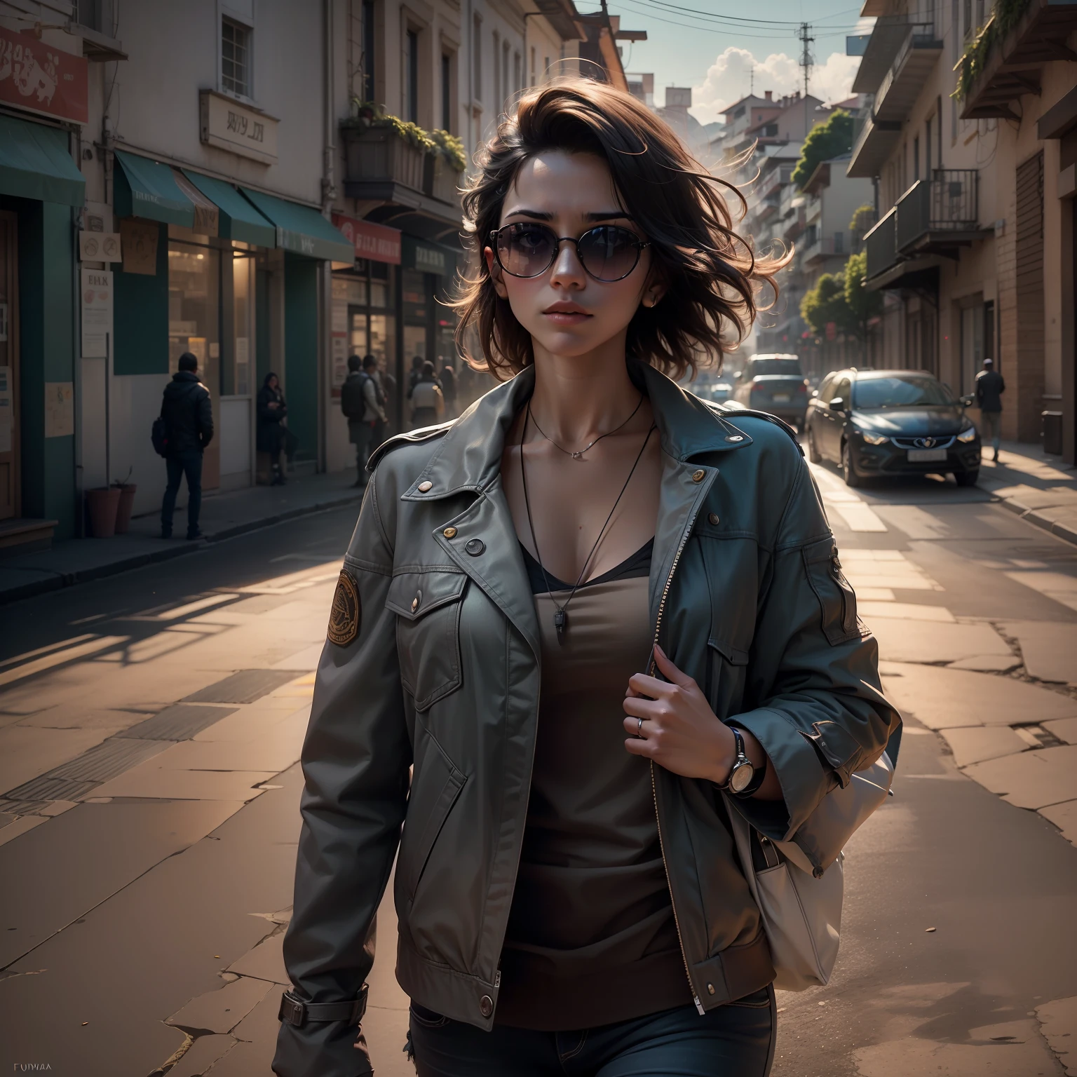 "uma mulher brasileira, de corpo atraente, with jacket, roupas sociais, sun glasses, parada em uma rua. The environment is dark.., with lighting that highlights the shadows. The scene conveys an intense sense of loneliness and isolation. distant lights are obscured by the night, produzindo rastros de luzes coloridas e vibrantes ao fundo. The camera is positioned at a dynamic angle, como se fosse uma tomada de filme, giving a sense of action and suspense."